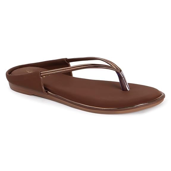 Women's Brown Flip Flop Sandals, Thong Style, Metallic Strap, Casual Flat Footwear