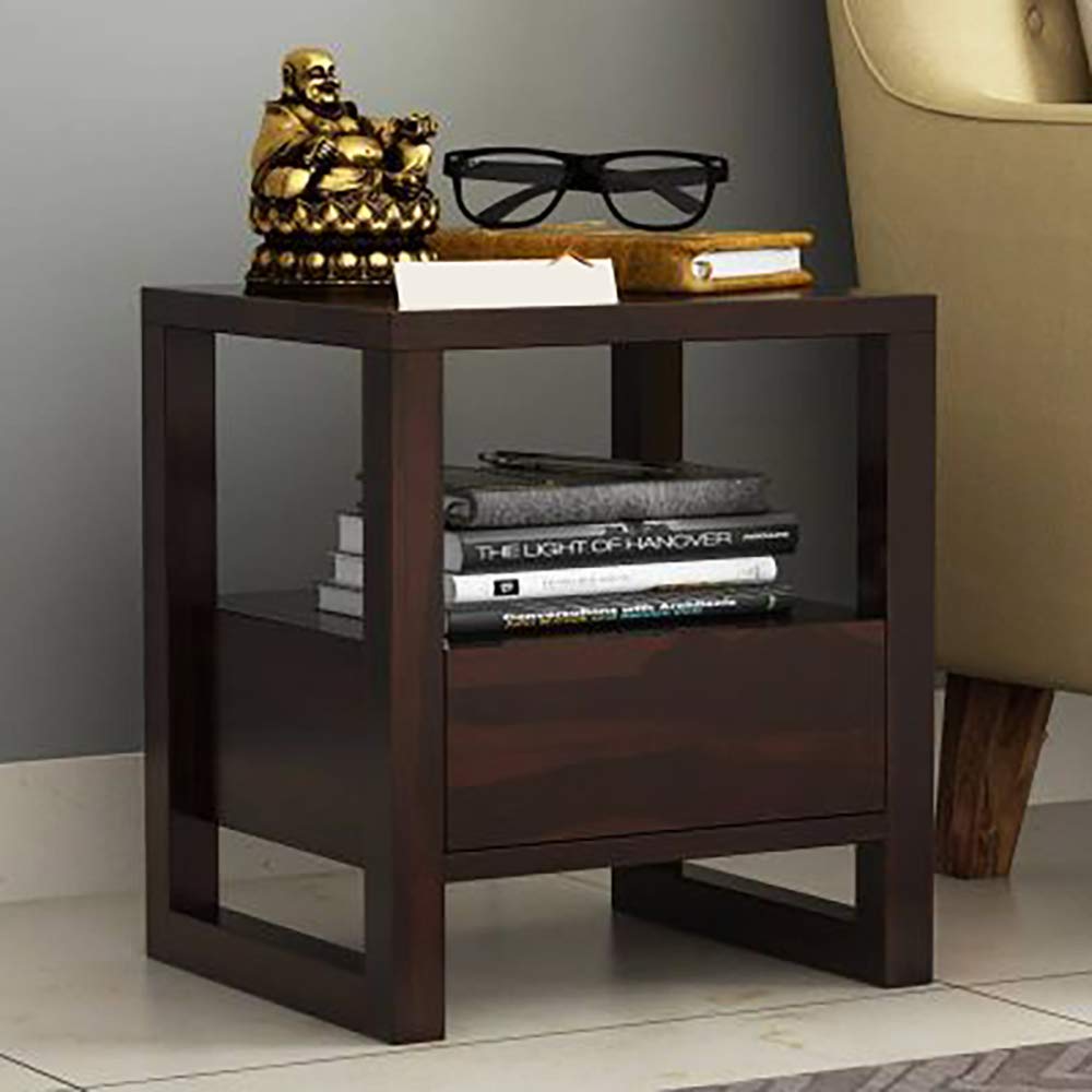 MURALICRAFT Solid Sheesham Wood Bedside Table for Bedroom | Wooden Bed Side Nightstand Lamp Table with Drawer & Open Shelf Storage for Home & Hotels | Rosewood, Walnut Finish
