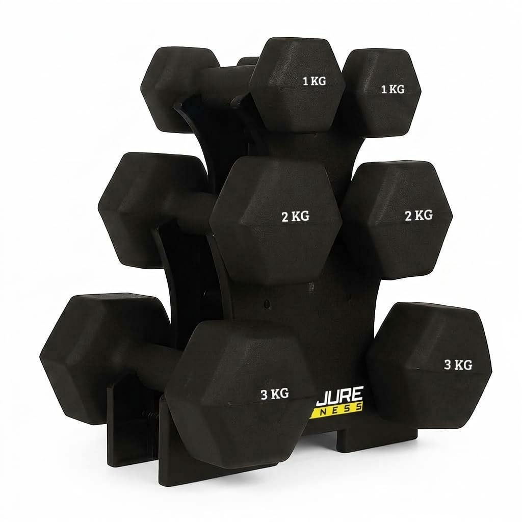 De Jure Fitness Dumbbell Set with Rack – 1kg, 2kg & 3kg PVC Dumbbells (3 Pairs) with Compact Stand | Home Gym Weights for Strength Training, Exercise & Space-Saving Storage