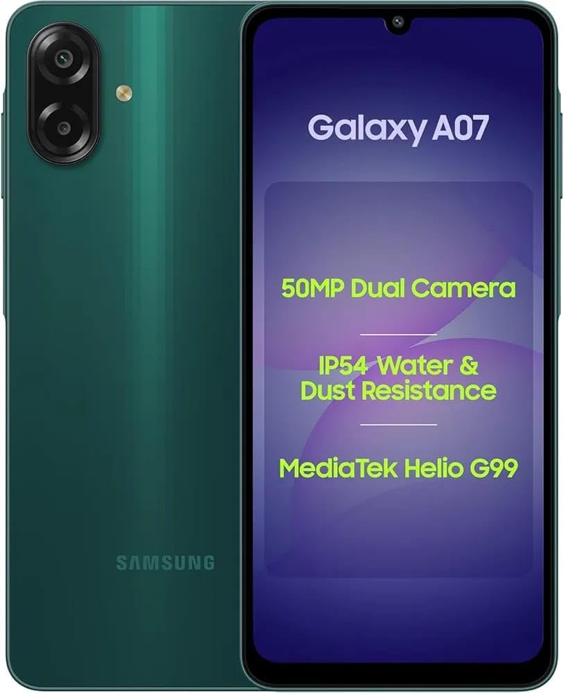 Samsung Galaxy A07 LTE (Green, 4GB RAM, 64GB Storage) | 50MP Dual Camera | 6.7 Inch HD+ Display | 90Hz Refresh Rate | MediaTek Helio G99 (6nm) | IP54 | 6 Gen OS Upgrade and Security Update