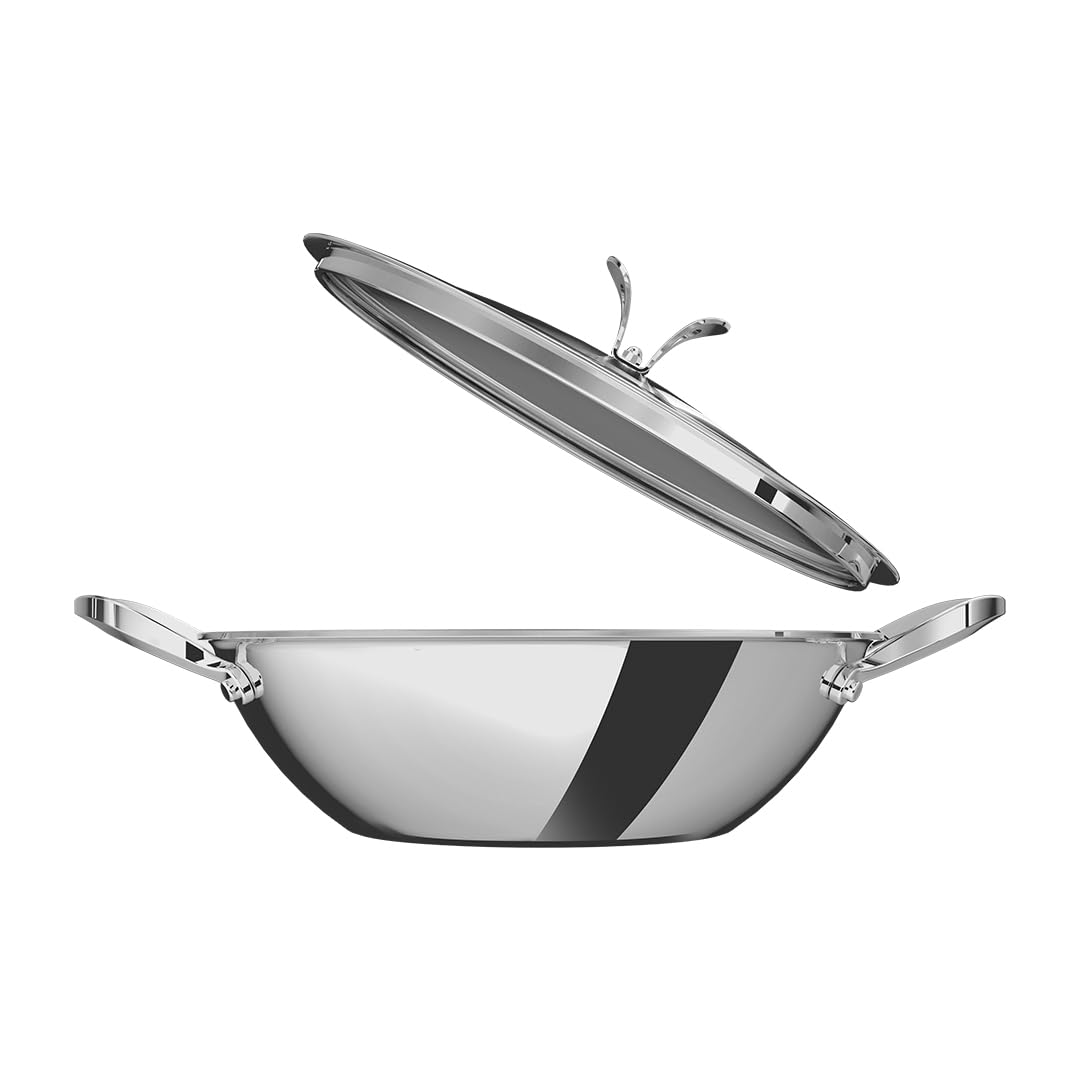 ULTRA Triply Kadai Flat Bottom 24cm (2.5L) | 304 Food-Grade Stainless Steel Cookware with 3.5mm Toughened Glass Lid | 2.5mm Tri-Ply Body, Fast Heating, Non-Sticky Finish, Heat-Resistant Handles
