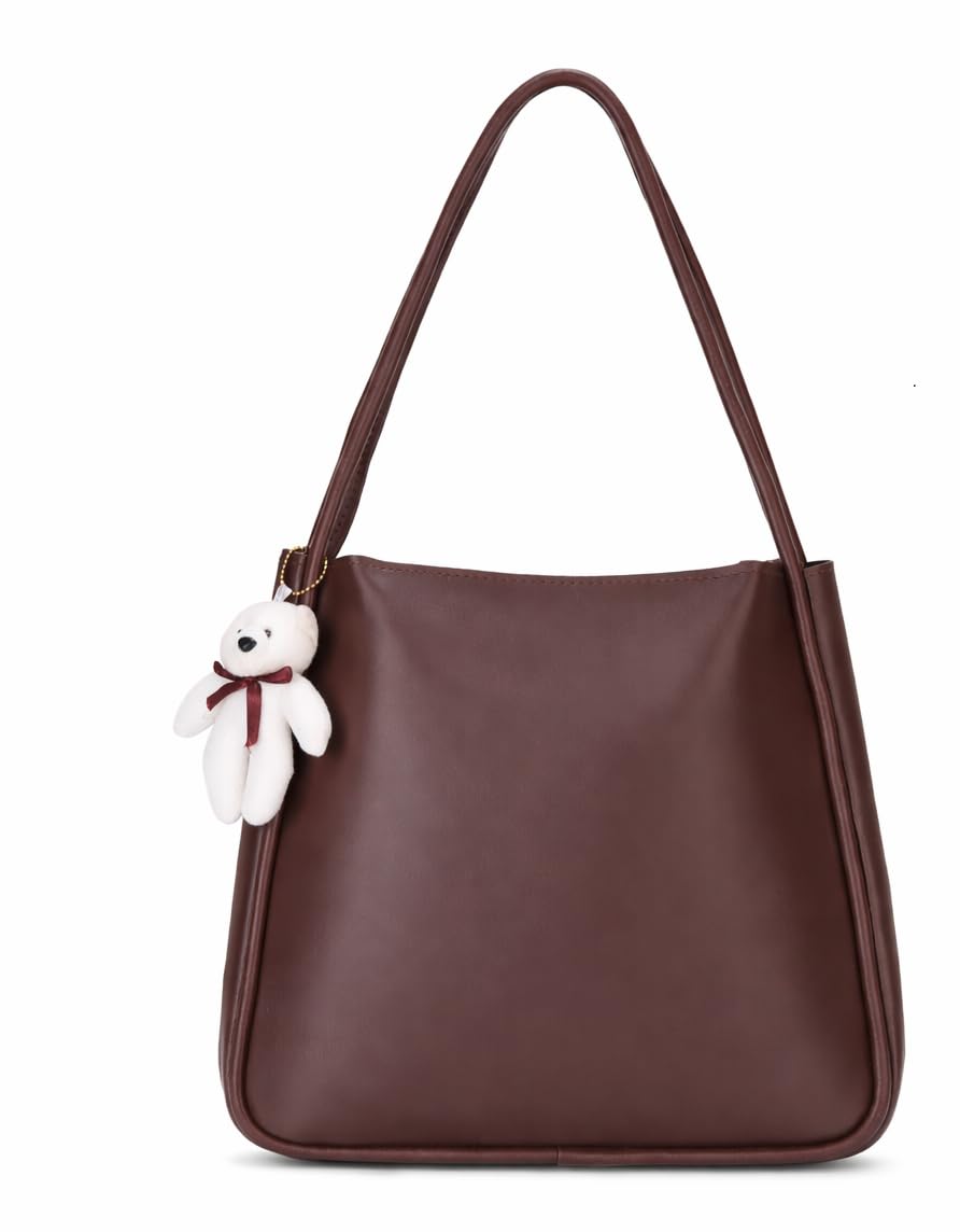 SIJJEEL Women’s Handbag Synthetic Leather Shoulder Bag with Bear Charm Tote One Size Women’s Shoulder Bag Faux Leather Tote