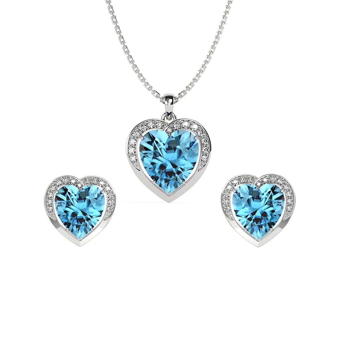 Clara 925 Silver Sky Blue Heart Pendant Earring Chain Bracelet Ring Women | Gift for Women & Girls | Platinum Plated | Swiss Zirconia | Jewellery Set