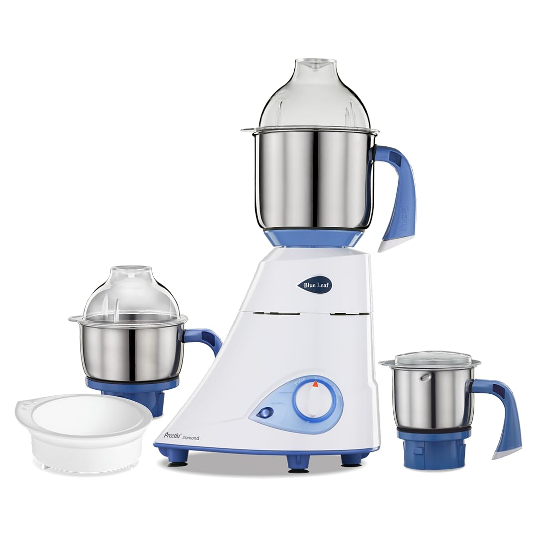 Preethi Diamond 750 Watts Mixer Grinder, 3 Jars (Stainless Steel) + Flexi Lid, Perfect Grinding for Masalas, Chutneys and Batters, 2 Year Warranty, Preethi’s flagship Lifelong Free Service, White