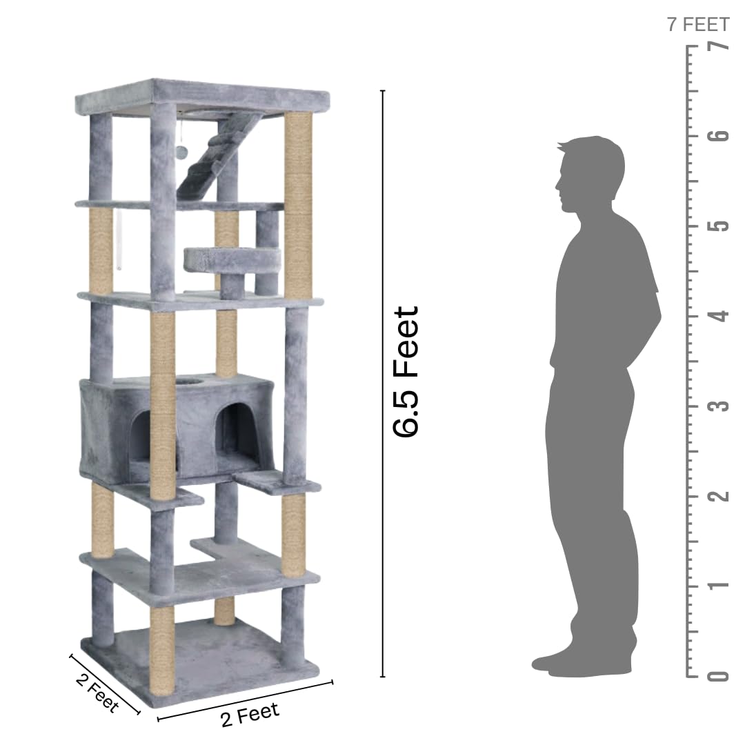 Multilevel Fur Fabric Cat Tree – Ladder | Hanging Ball | Large Condo | Jute Rope Scratching Posts | for Adult Cats & Kittens (Height 75 Inch) (Grey – FURR-93)