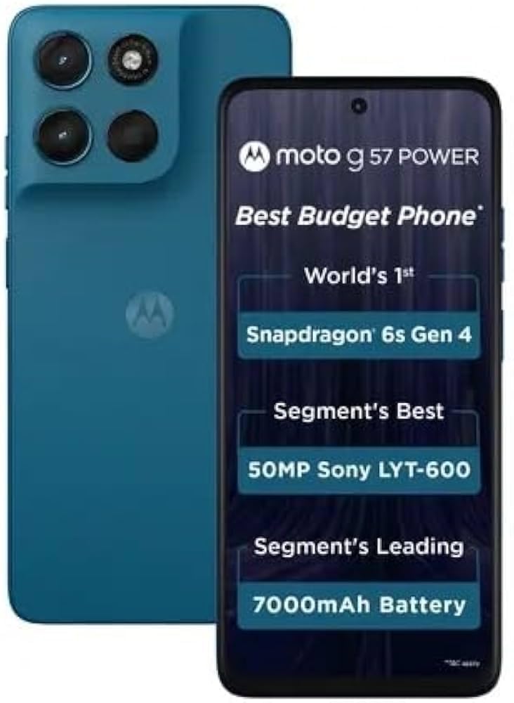 Motorola G57 Power 5G (Corsair, 8GB RAM, 128GB Storage) | Snapdragon 6s Gen 4 Processor | 6.72″ FHD+ Display | 50MP LYT-600 + 8MP Ultrawide | 8MP Selfie Camera | 7000mAh Battery, 33W TurboPower | IP64