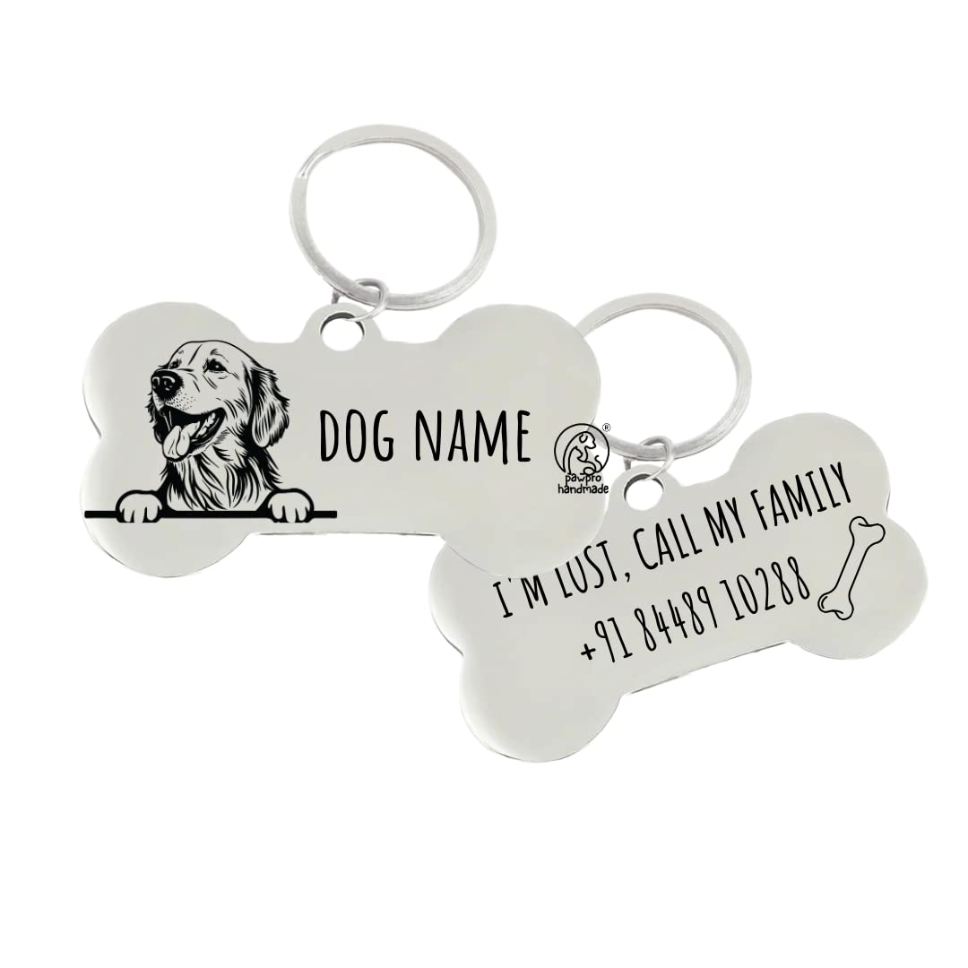 PAWPRO HANDMADE Customized Pet ID Tag Personalize Black Engraved Name Collar Tag with Breed face for Your Loving Pet Dog, Cat, Puppy, Horse Classic Bone Shape 50×32 MM Large