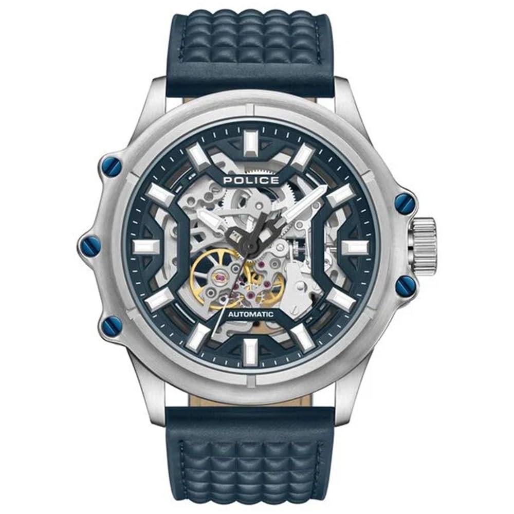 Police Blue Dial Automatic Leather Strap Watch for Men