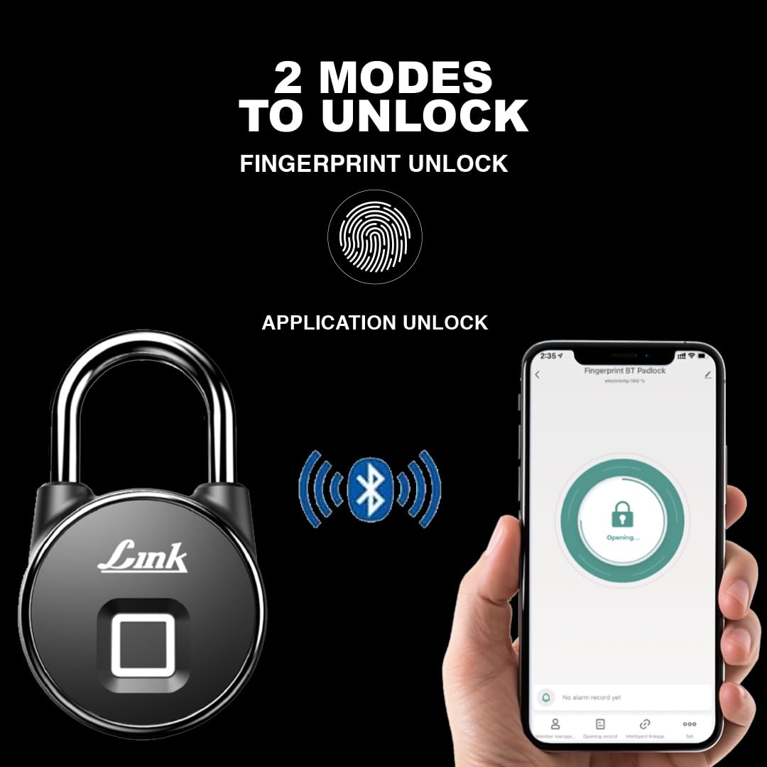Link Smart Bio-Touch Fingerprint Padlock, Rechargeable Li-ion Battery, Water & Dust Resistant, 8MM High Strength Shackle for Door, Bags, Suitcases, Bikes || 3 Year Domestic Warranty