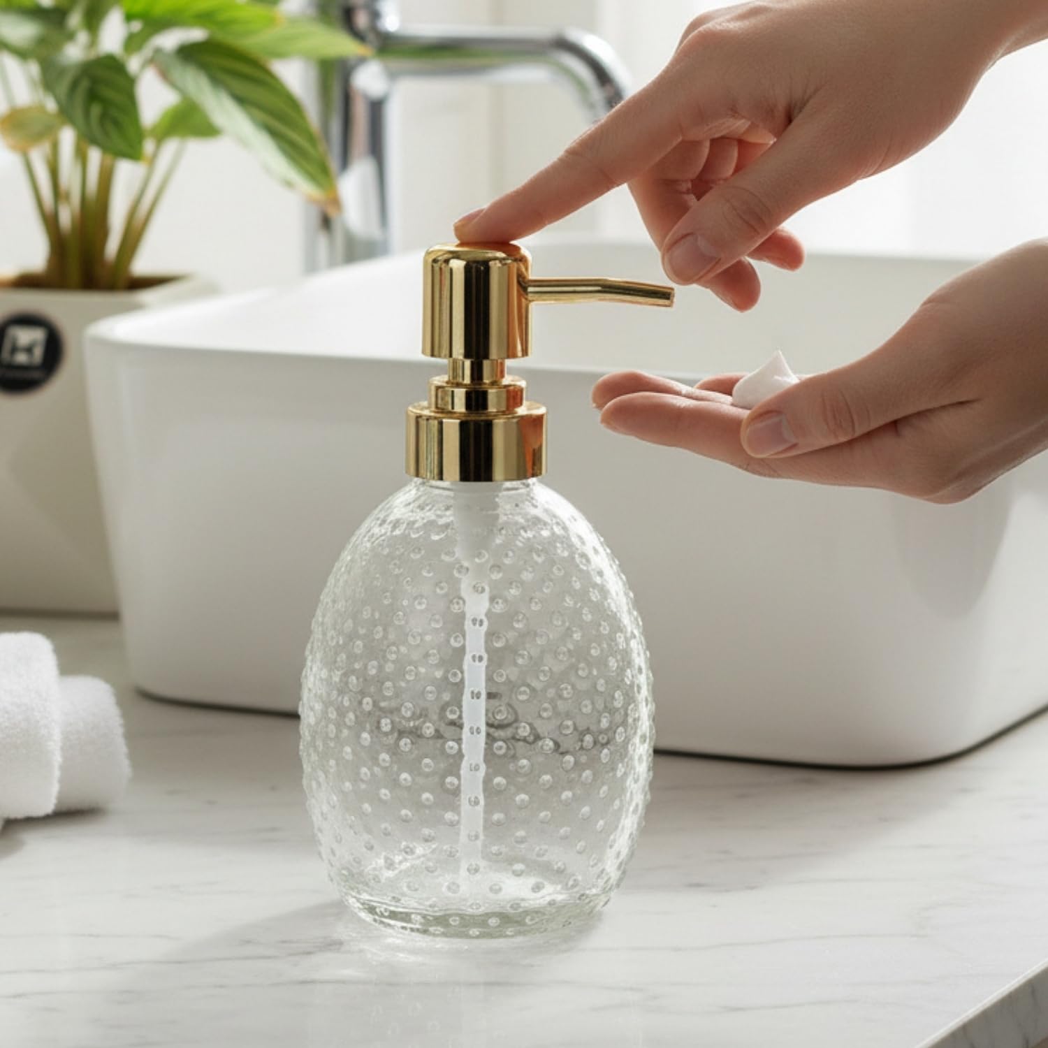 Kookee Glass Soap Dispenser with Refillable Pump Bottle | Bathroom & Kitchen Wash Basin | Hand Wash, Lotion Dispenser | Transparent (Set of 1) (11587)