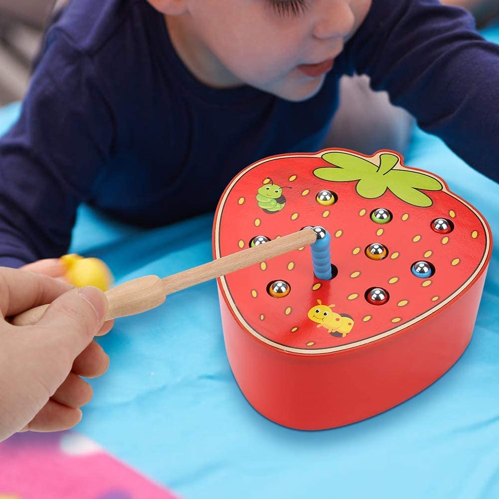 HAPPY HUES® Sorting & Stacking Toy- Skills Enhancement Motor Skill Toys for Toddlers/Kid -Magnetic- Capture The Worms Toys | Early Educational-Montessori Toy (Strawberry)