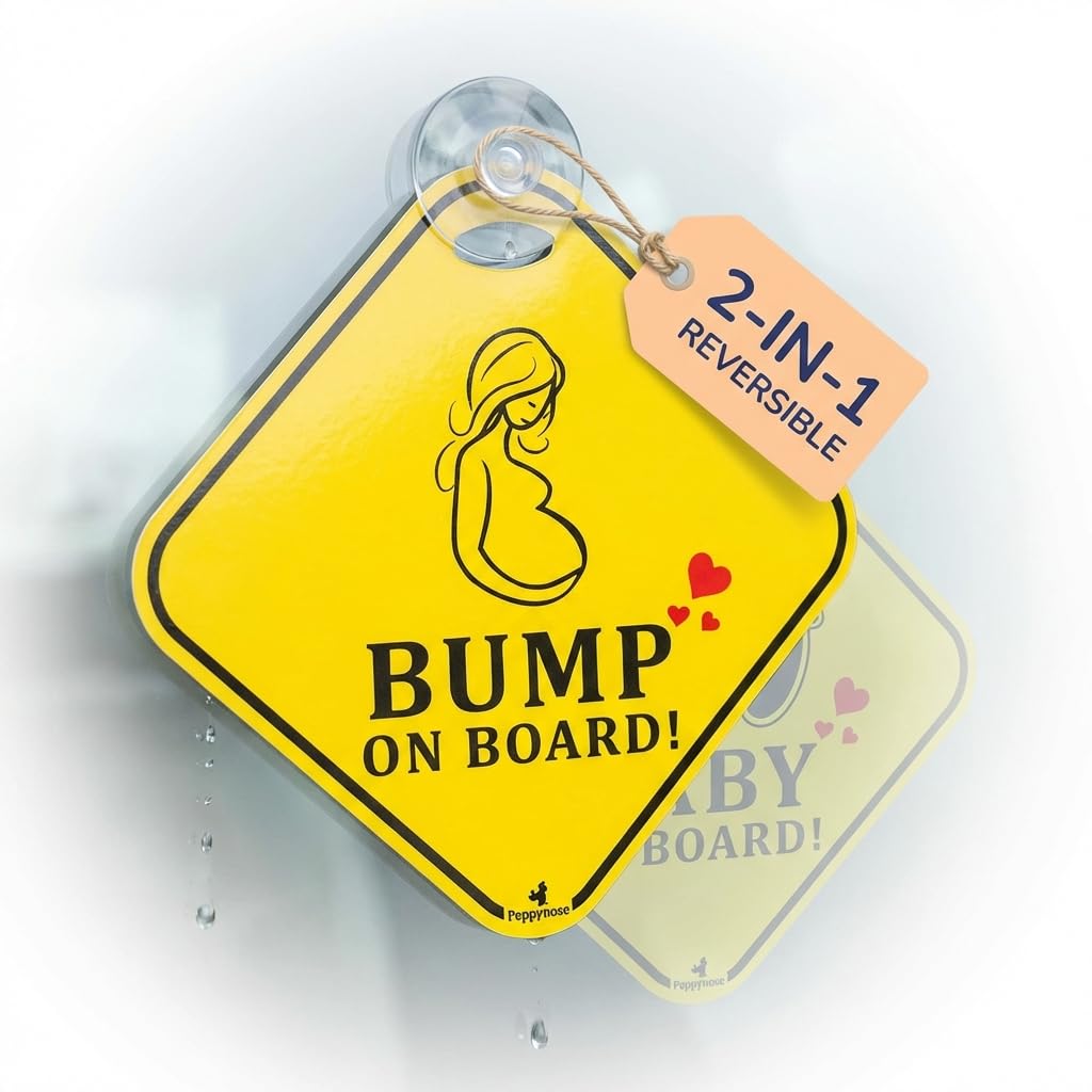2-in-1 Reversible Baby on Board & Bump on Board Car Hanging Sign – Mom on Board Pregnancy & Newborn Safety Sign for Rear Windshield with Suction Cup, 300 GSM Laminated Board, 14.5 cm, Yellow (1, 14.5 x 14.5 cm)