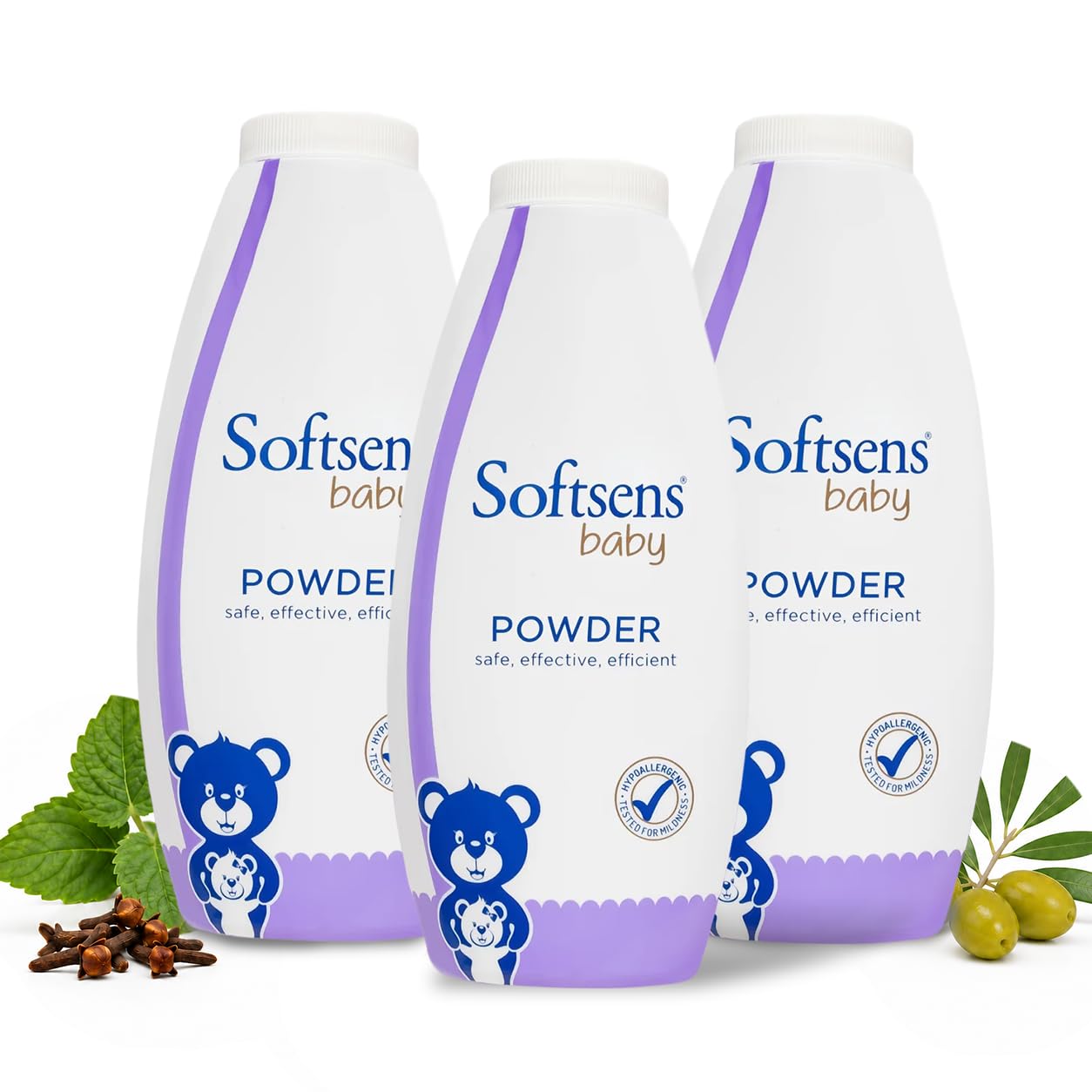 Softsens Baby Powder 200g each (Pack of 3 x 200g) | Ideal For New Borns and Infants | Mild Scent with Clove Leaf Oil | Absorbs Excess Moisture, Reduces Chafing | Dermatalogically Tested & Paraben, SLS & SLES Free