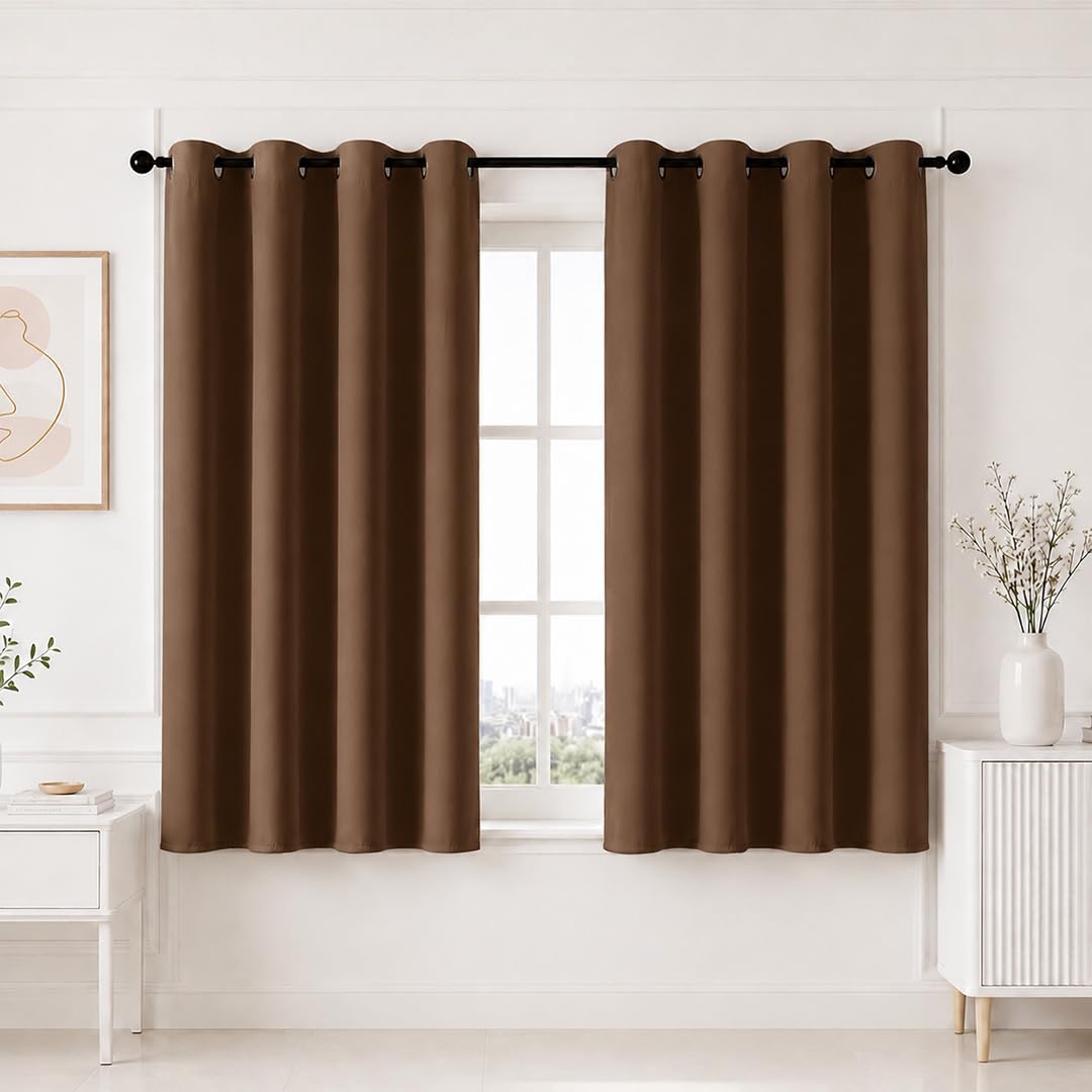 HOMEMONDE 100% True Blackout Curtains 5 Feet for Window 1 Piece – Faux Silk Blackout Thick Curtains, Room Privacy and Thermal Insulation 60 Inch – (Dark Brown, 152×166 CMs)