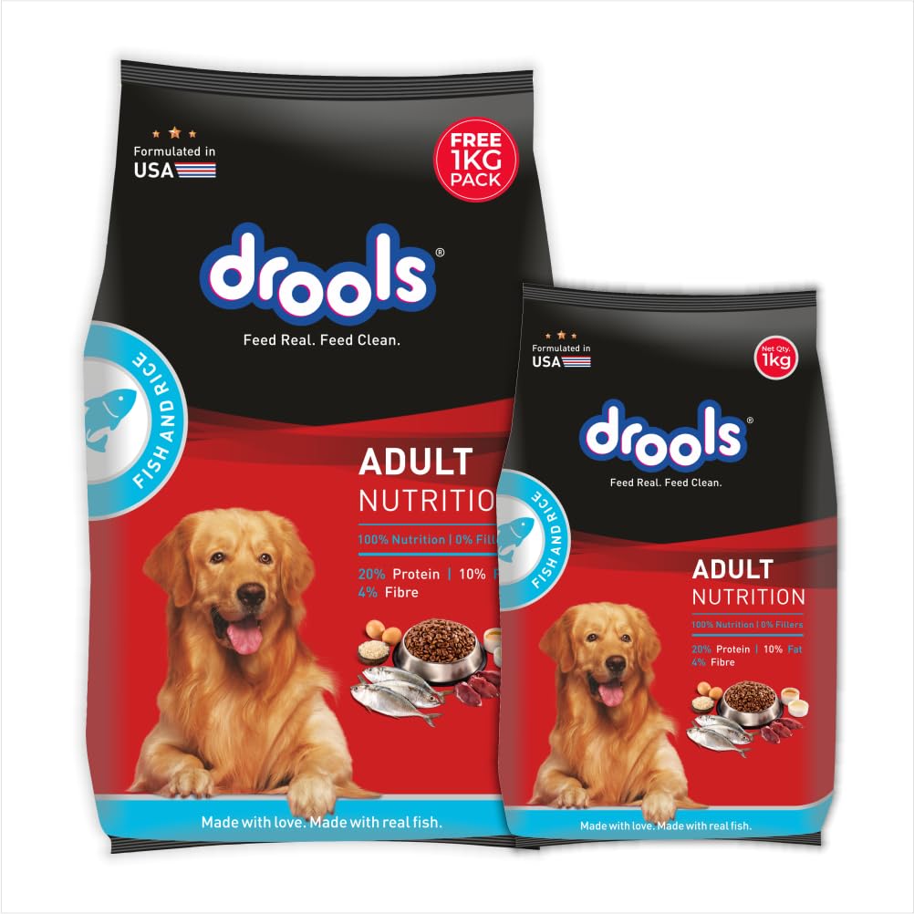 Drools Adult Dry Dog Food 2.8kg + 1kg (Free) | Fish and Rice Flavour | Fish & Rice Formula | Gentle on Gut | Helps Maintain Strong Muscles and Vitality | Organic Chelated Minerals