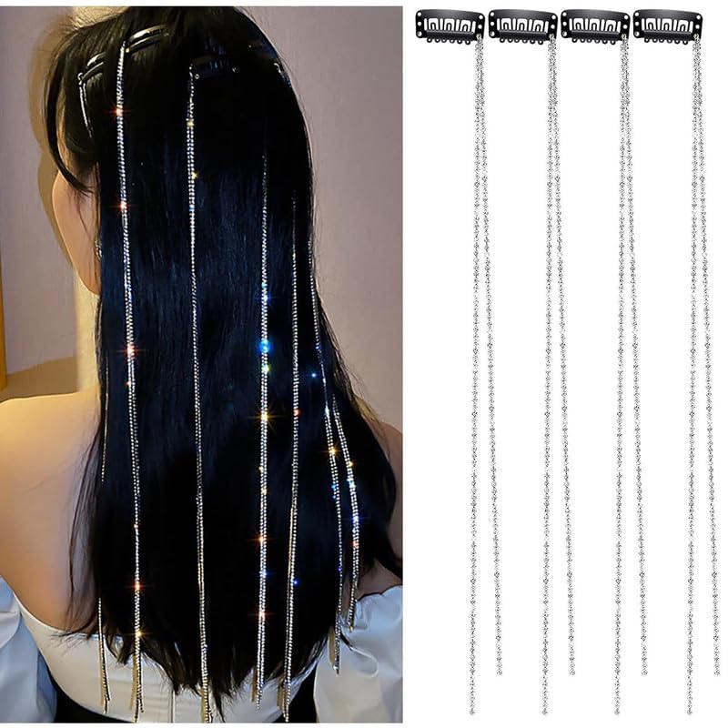 4 Pcs Premium Hair Chains for Women, Rhinestone Tassel Silver Hair Clips, Hair Extensions Decorative Hair Clip Hairpin for Girls Nightclub Party Headwear