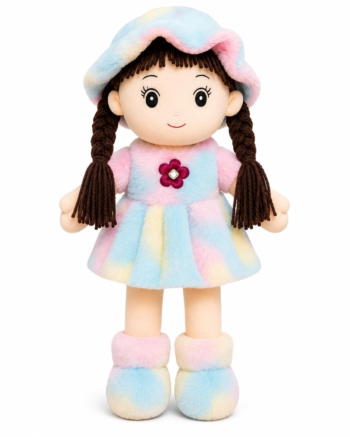 Soft Hat Doll for Kids 42 cm | Cute Plush Rag Doll with Cap & Braided Hair | Washable Stuffed Soft Toy for Girls & Boys | Birthday Gift | Multicolor