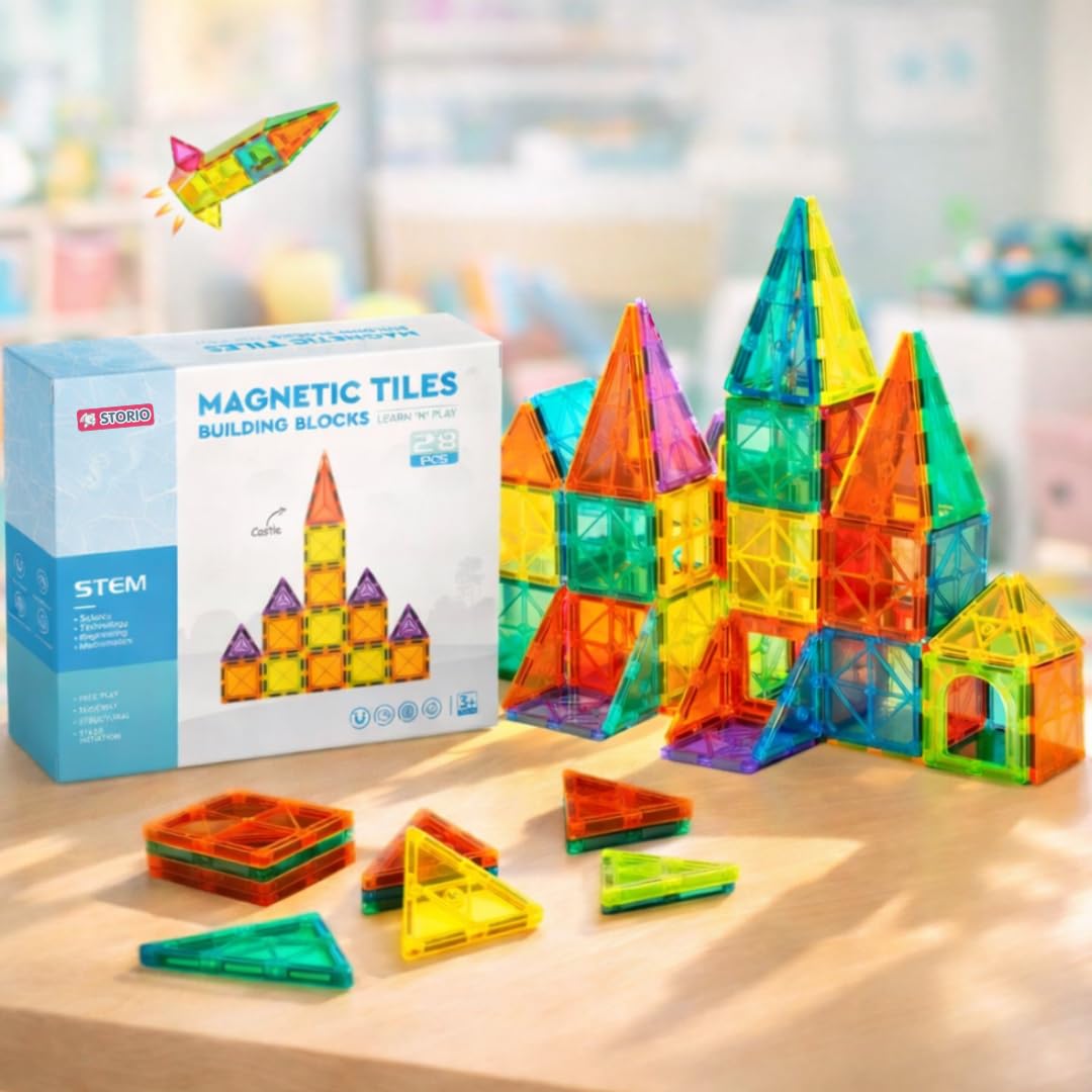 Storio 3D Magnetic Tiles Building Blocks for Kids 3-8 Years – 28 pcs | STEM Learning Educational Toy | Creative Construction Toys | Preschool Brain Development Toy | Birthday Gift for Boys & Girls