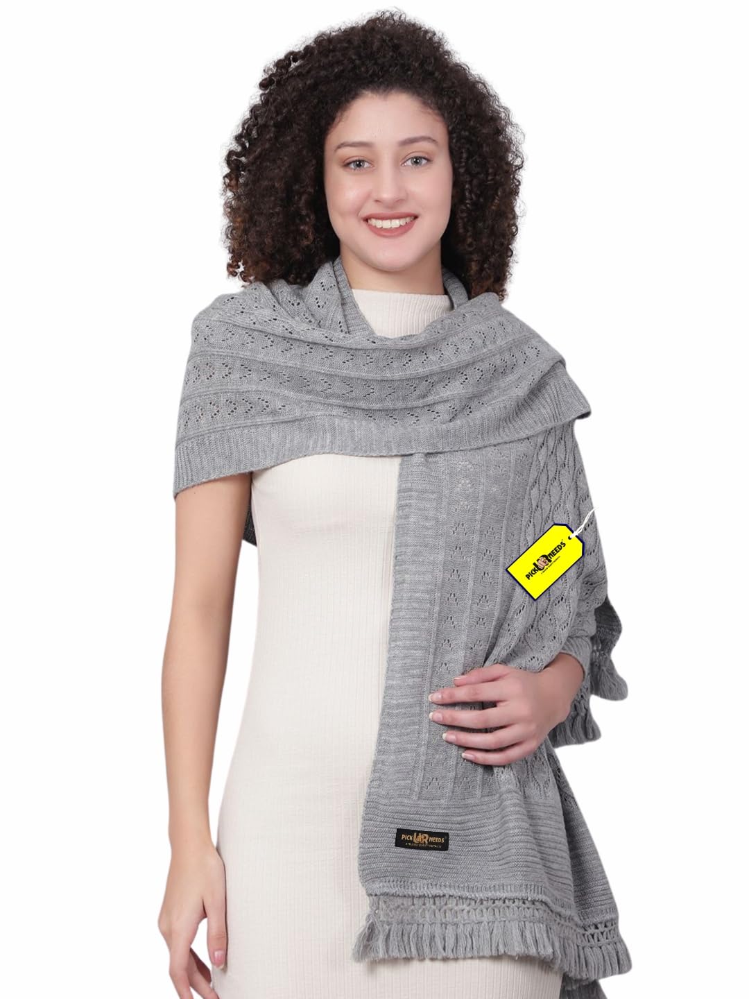 Pick Ur Needs Women’s Premium Knitted Winter Soft Shawl Woolen Warm Stole with Elegant Lace Pattern & Tassels For Girls