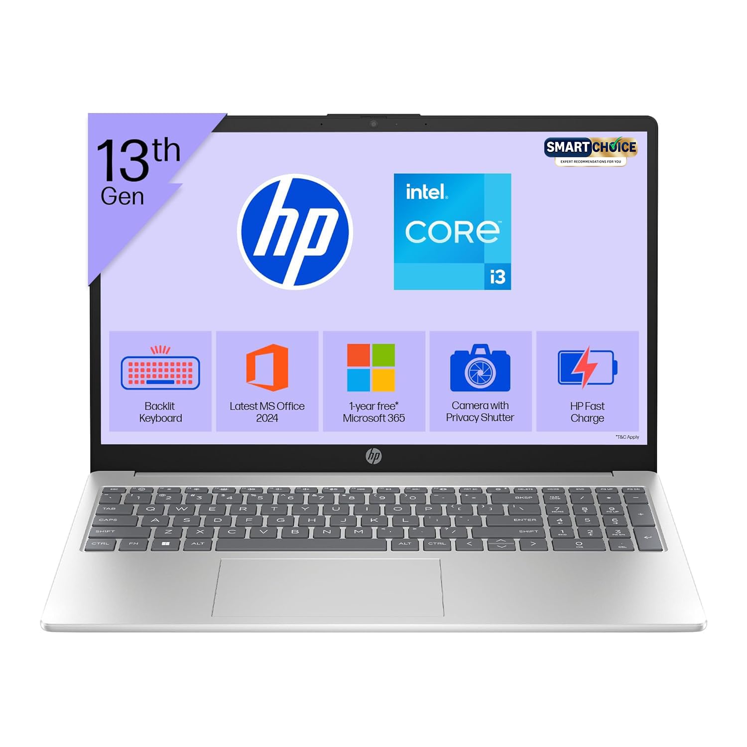 HP 15 Smartchoice, 13th Gen Intel Core i3-1315U(8GB DDR4,512GB SSD) FHD, Anti-Glare, Micro-Edge, 15.6”/39.6cm, Win11, M365(1yr)*Office24, Silver,1.59kg, fd0572TU, FHD Camera w/Shutter, Backlit Laptop