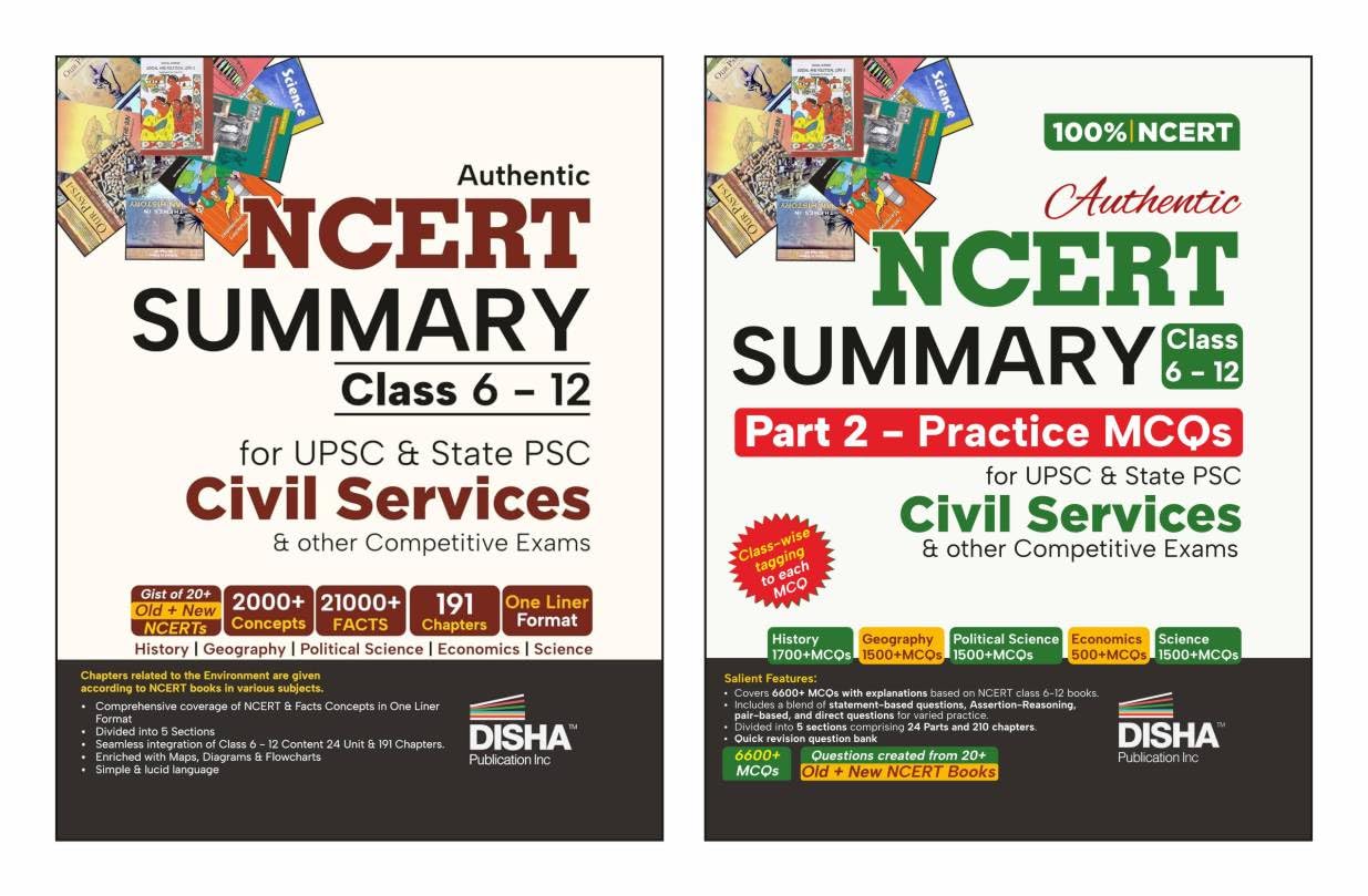 Disha Combo (2 Books) Authentic NCERT Summary (Class 6 to 12) Part 1 & 2 – One Liner Concepts & Practice MCQs for UPSC & State PSC Civil Services & other Exams | Old & New NCERT General Studies