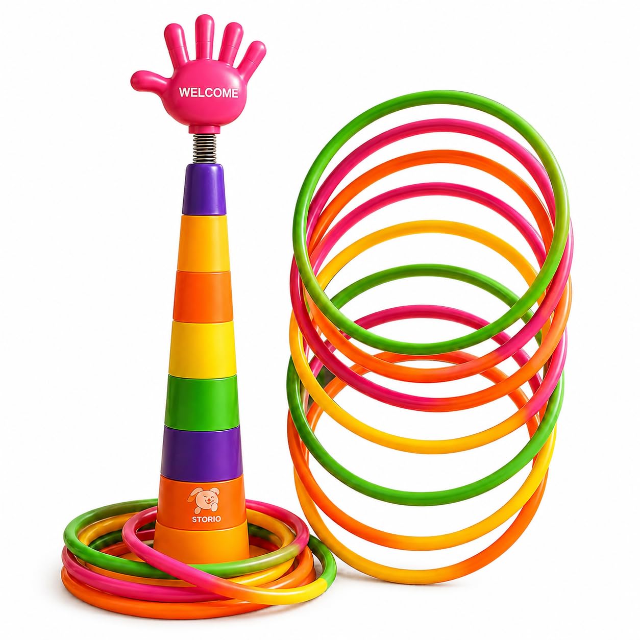 Storio 2 in 1 Ring Toss Game for Kids | Indoor Outdoor Fun Learning Activity Toy | Stacking Rings & Target Throw Game | Multicolor Plastic Toy for Baby | Birthday Gift for 1-5 Years