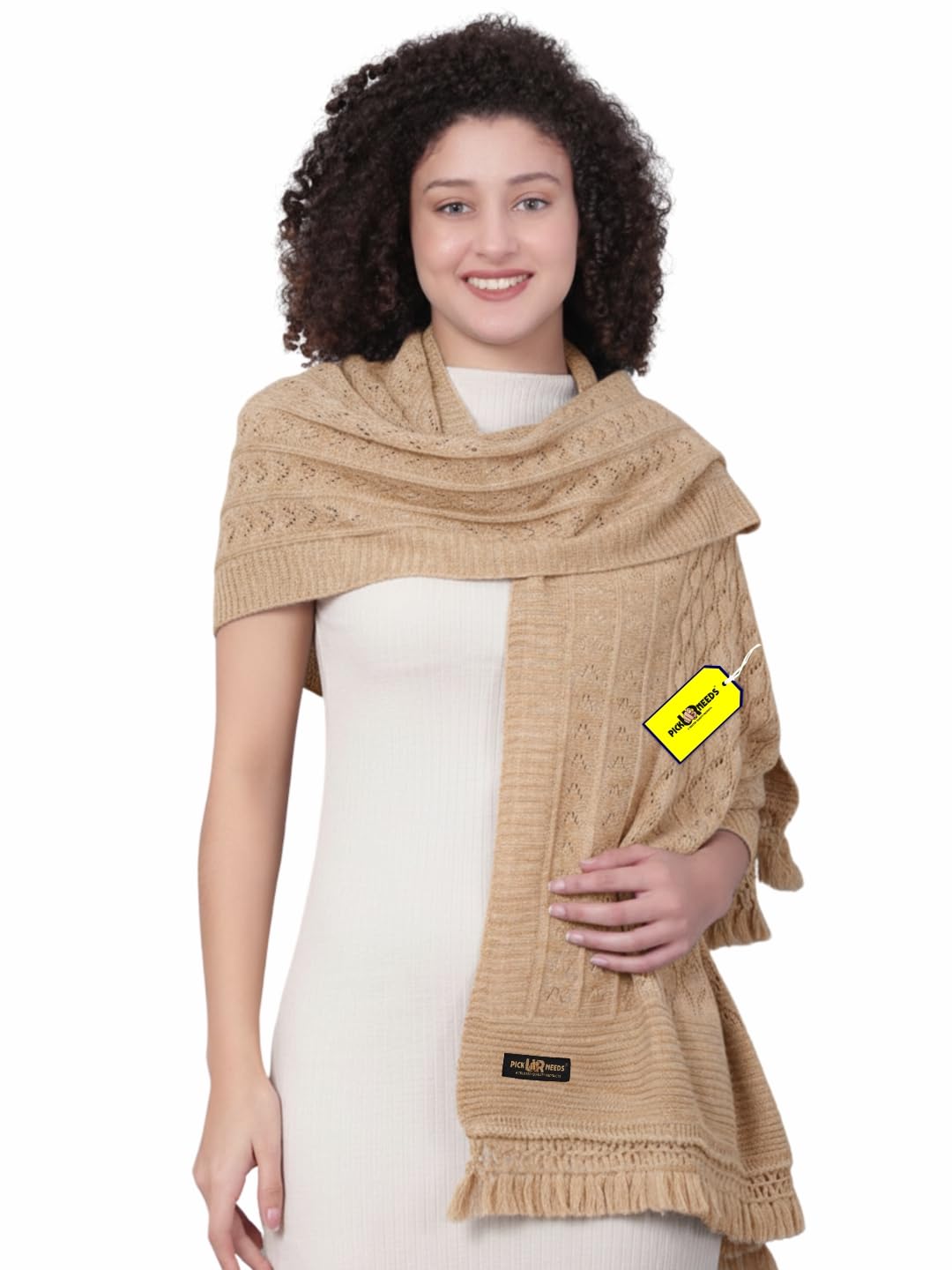 Pick Ur Needs Women’s Premium Knitted Winter Soft Shawl Woolen Warm Stole with Elegant Lace Pattern & Tassels For Girls