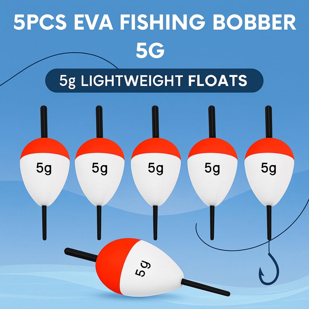 VAYINATO® 5 Pcs (5g) High-Visibility Red & White EVA Foam Fishing Floats – Large Buoyancy, Durable for Long Casts, Ideal for Freshwater & Saltwater Fishing