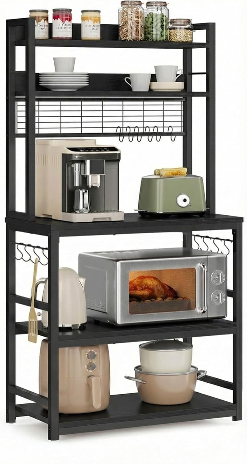 5-Tier Kitchen Organizer Rack |Multipurpose Microwave Stand|Steel Utensils Storage Shelf with Hooks | Engineered Wood & Metal Stand for Storage |Kitchen Organizer Rack |Black|80x40x170 cm