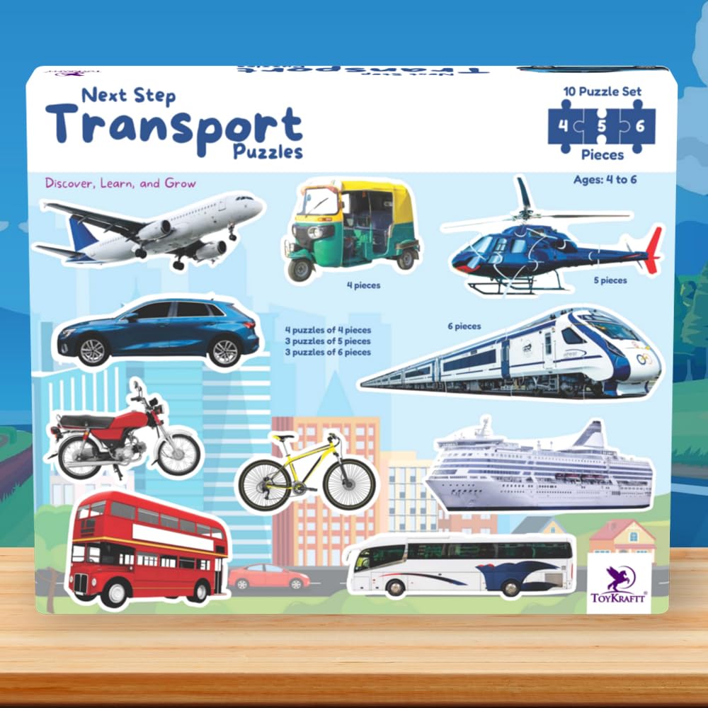 TOYKRAFTT Transport Puzzles for Kids Ages 3-5 Years – 4, 5 & 6 Piece Vehicle Jigsaw Set (Car, Bus & Aeroplane) – Educational Montessori Gift for 3, 4 Year Old Boys & Girls