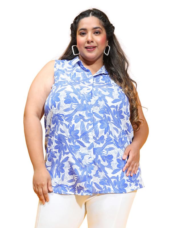 oxolloxo Women Plus Size Floral Print Collared with Button Down Sleeveless Shirt