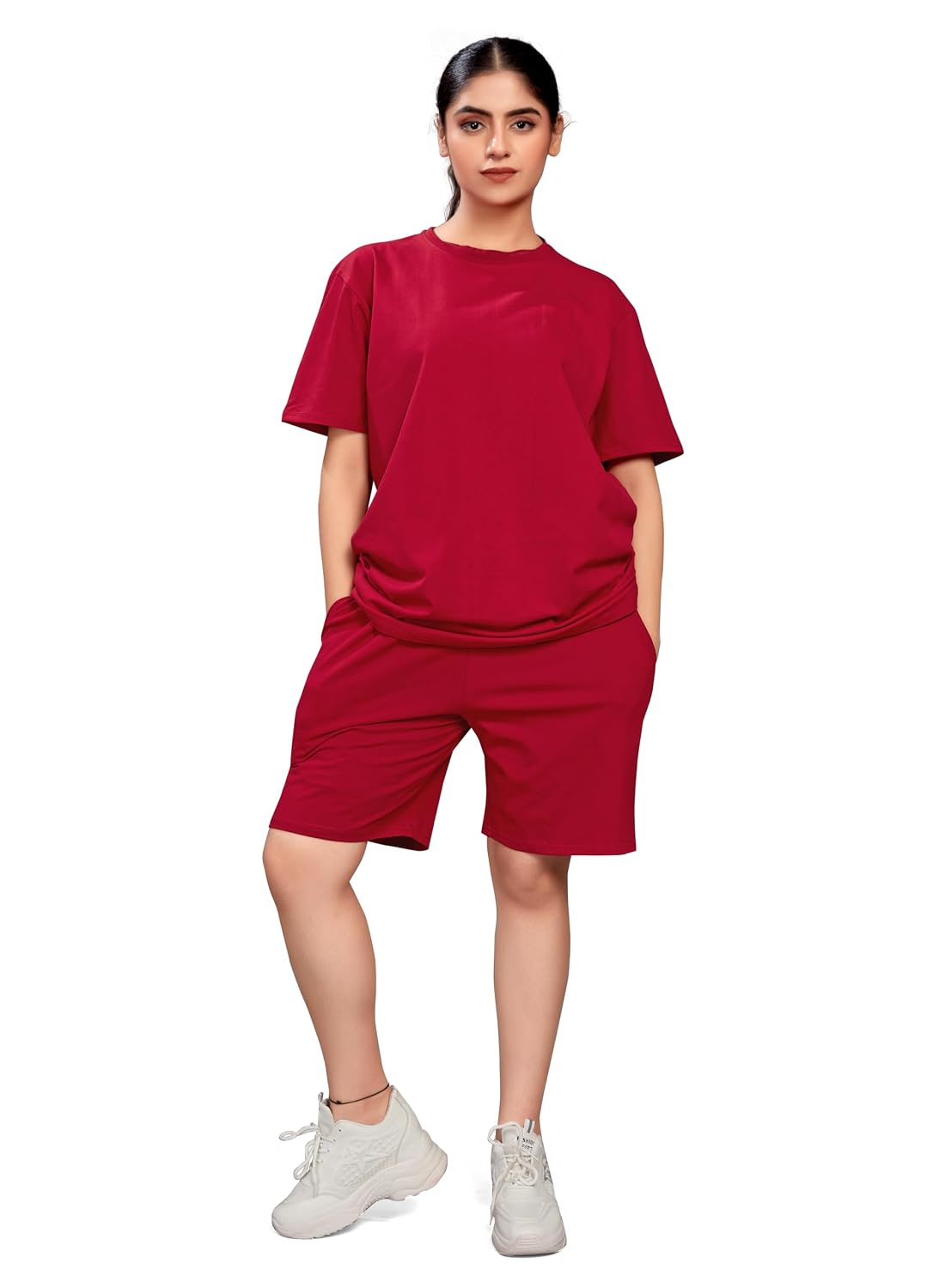 ELLITI Women’s Cotton Casual Wear Solid/Plain Night Suit Set of Top & Shorts, Co Ord Set