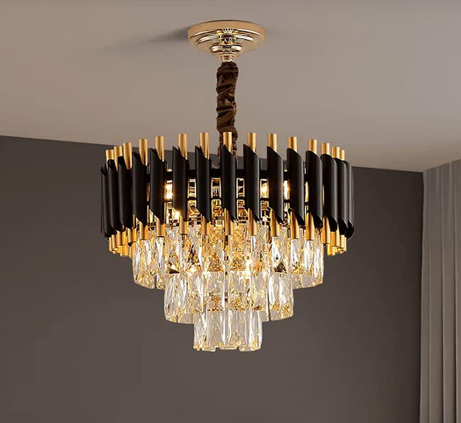 Mahganya Metal and K9 Crystal Golden Finish Exqusite Design Chandelier for Home and Office, Pack of 1 Black Gold Jhumar 400 M, Incandescent