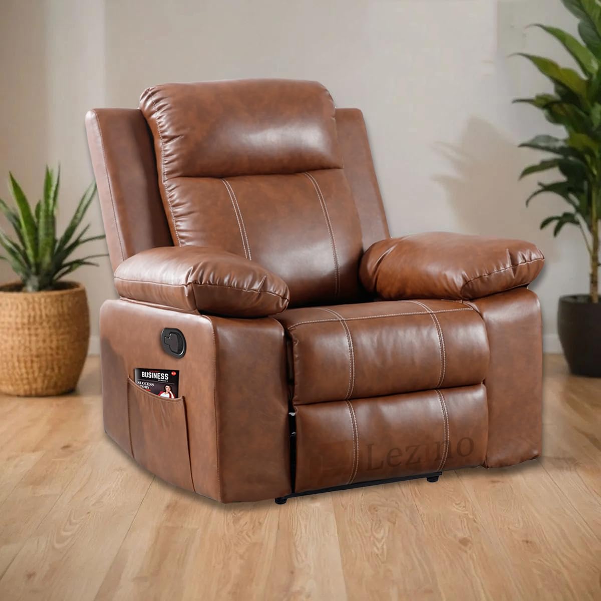 LEZINO Recliner Sofa 1 Seater for Home (Manual Recliner Sofa, Brown) | Recliner Chair in Textured Brown Gremany Premium Faux Leather