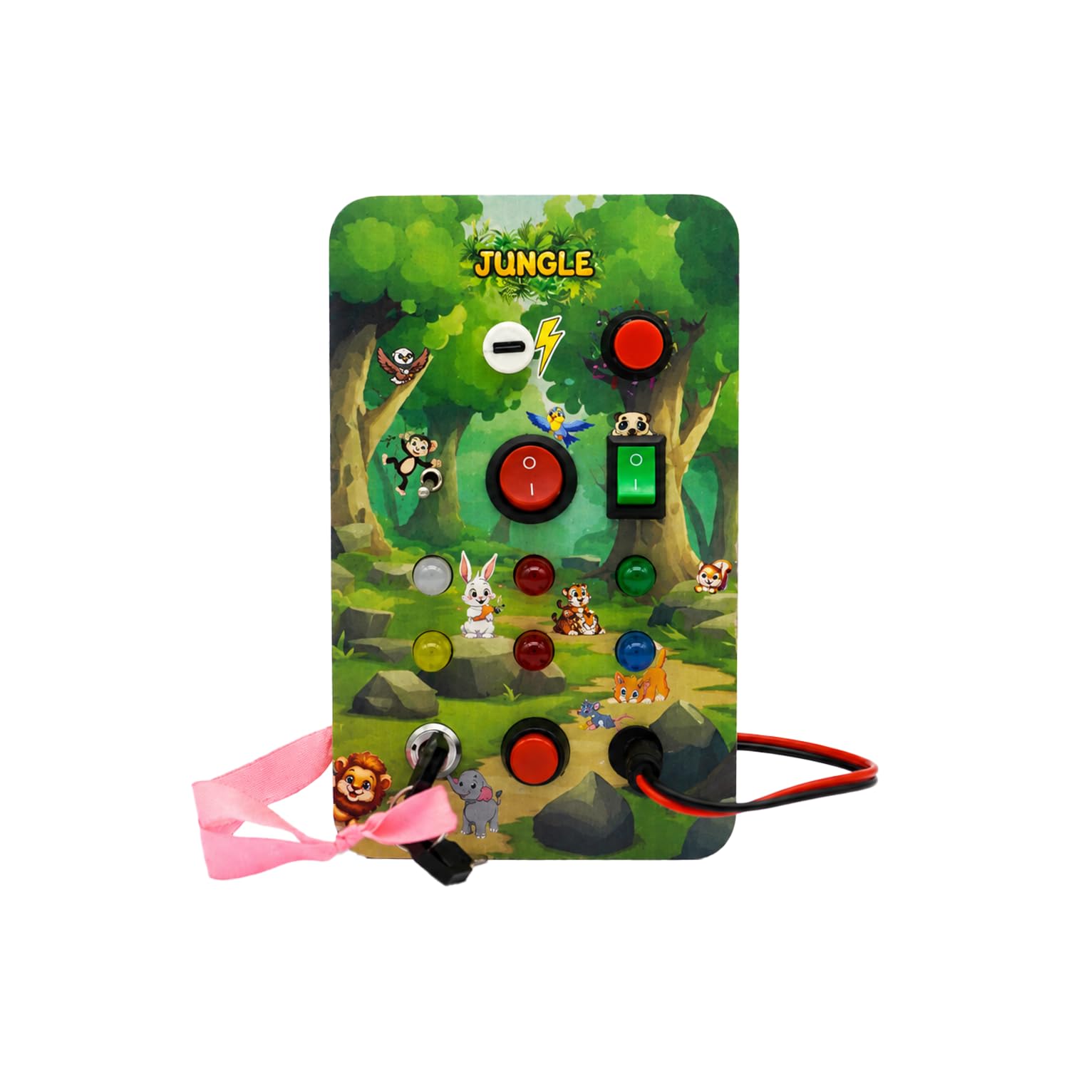 Jungle Junction Busy Board, Ages 1-6, 6 Interactive Switches with LEDs and Animal Sounds, Birch Plywood Construction, Educational Sensory Learning Toy