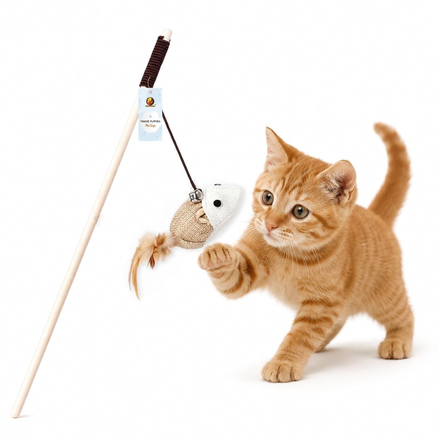 Foodie Puppies Cat Teaser Playing Stick Wooden Cat Wand Toy for Cats and Kittens – (Mouse-Bell – 40cm), Interactive Feather Toy, Wood Teaser Wands, Fun Catcher Cats Stick Toy, Kitty Activity Teaser