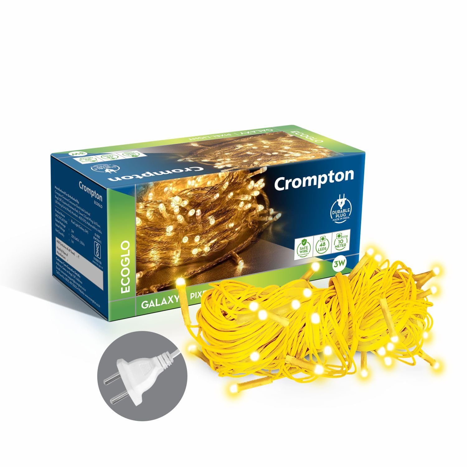 Crompton Galaxy Pixel Light 10 Meter 3W Warm White Ladi Lights | Pack of 1 | 10 Meter, 48 LEDs | Direct 2-pin Plug, BIS Safe Wire | for Home Decoration, Diwali, Festival, Birthday, Marriage