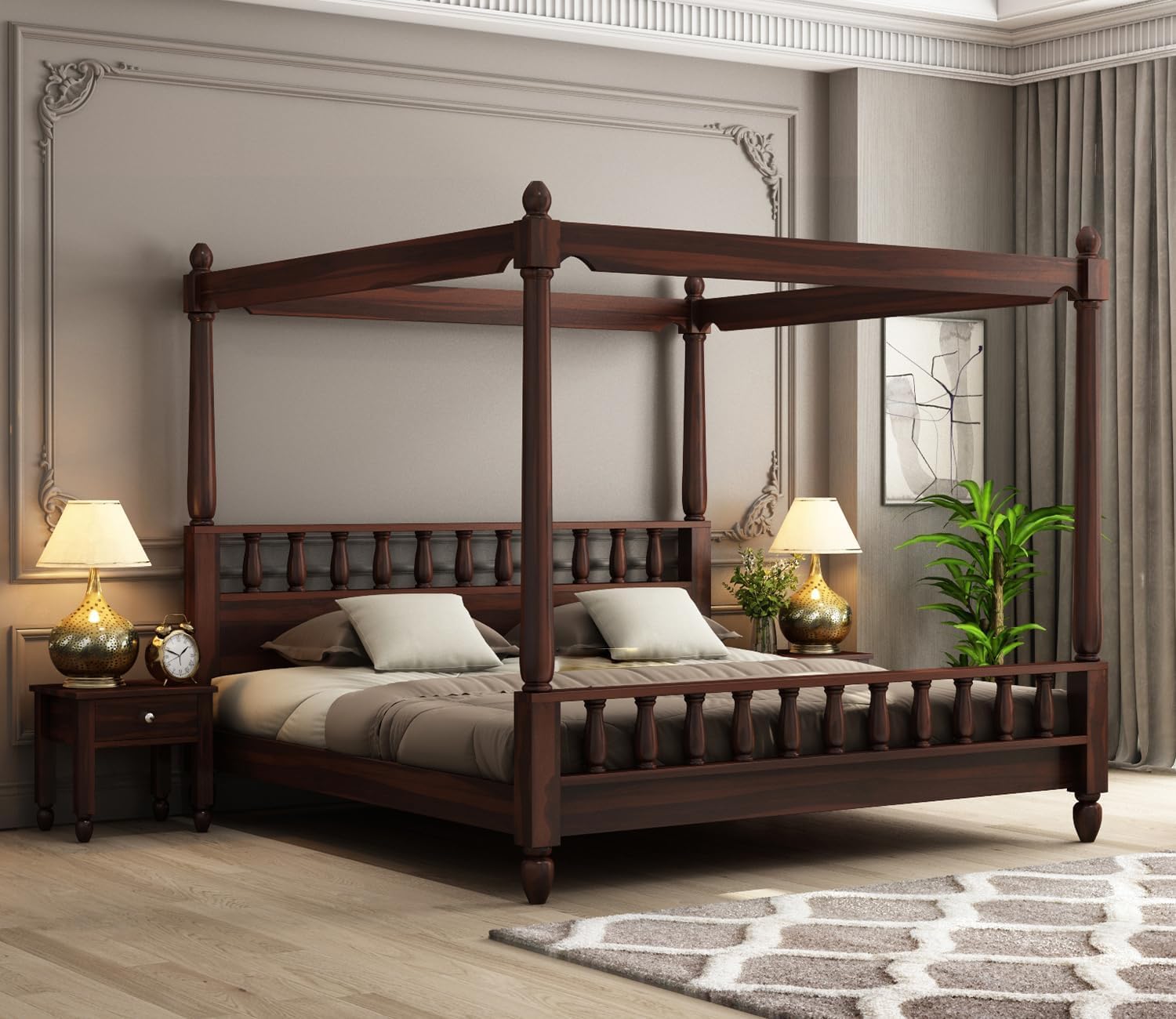 Poster Bed Solid Sheesham Wood King Size Bed for Bedroom, Wooden Double Bed, Cot Bed Furniture 1 Year Warrenty (Walnut Finish)