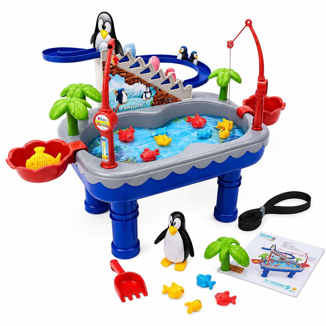 3-in-1 Water Table Toy for Toddlers/Penguin Race Track Slide & Magnetic Fishing Playset/Heavy Duty Kids Sensory Activity Center/Durable Indoor Outdoor Backyard Water Game for Kids