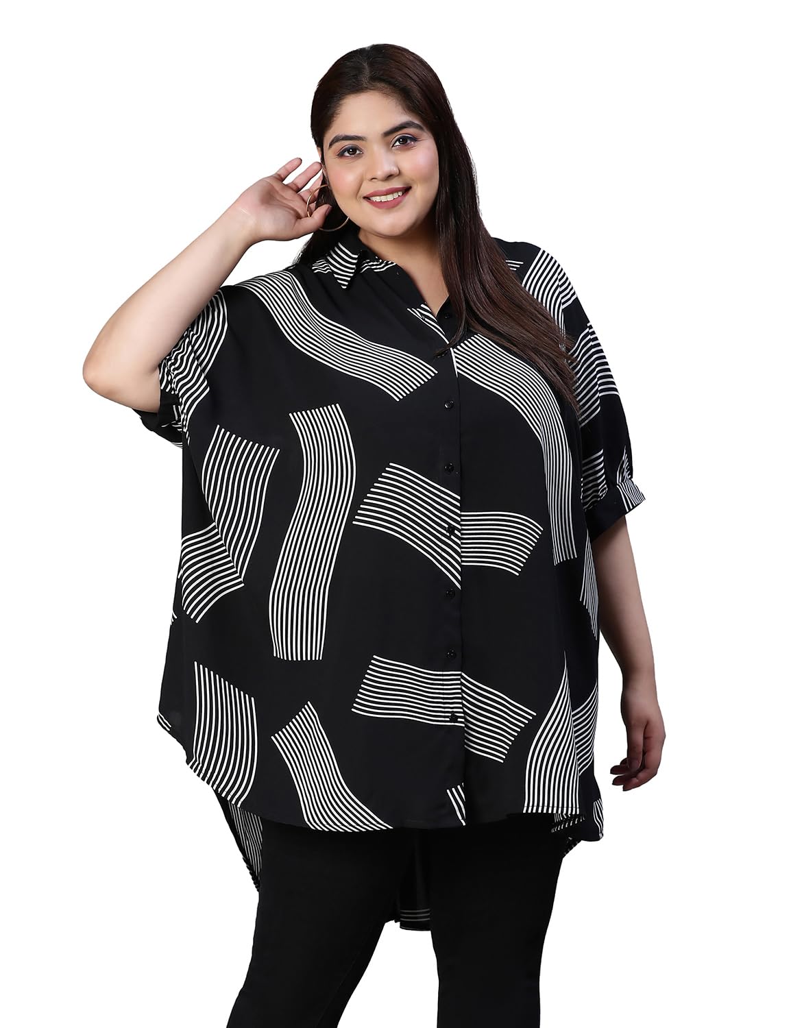 oxolloxo Women Plus Size Printed Button-Down Baggy Style Tunic