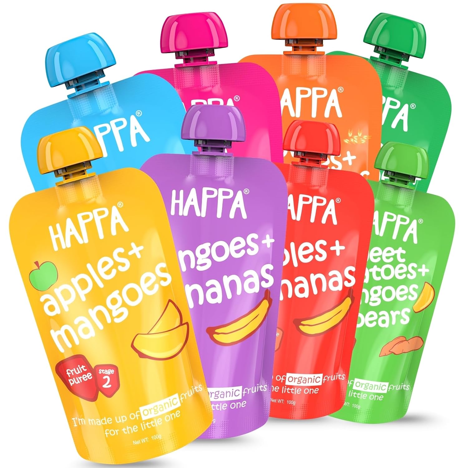 Happa Organic Baby Food Puree Travel Pack | Natural Fruits, Grains and Vegetables | No Added Sugar, No Milk Powder, No Preservatives | Stage 2 (6 Months+) | Ready to Eat | Free from Common Allergens | Pack of 8 (100g Each)