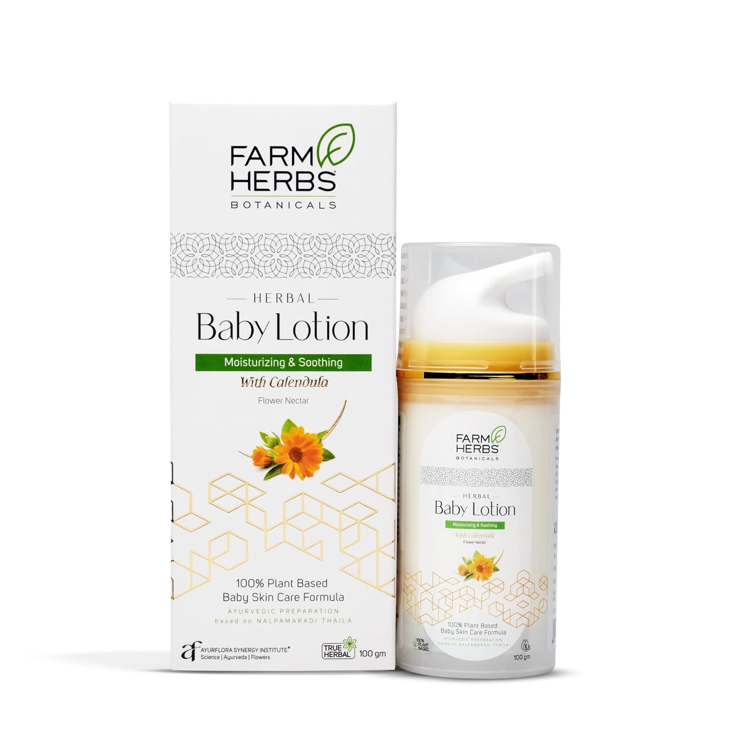 Farmherbs 100% Herbal All Natural Gentle Baby Lotion – Moisturizing and Soothing, pH-Balanced, Non-greasy and Fast absorbing, Based on Nalpamaradi Thaila, Botanical Hyaluronic Acid, Vitamin E, Aloe Vera 100% Safe lotion for Newborn Baby, No Synthetic chemicals and Preservatives free – 100g