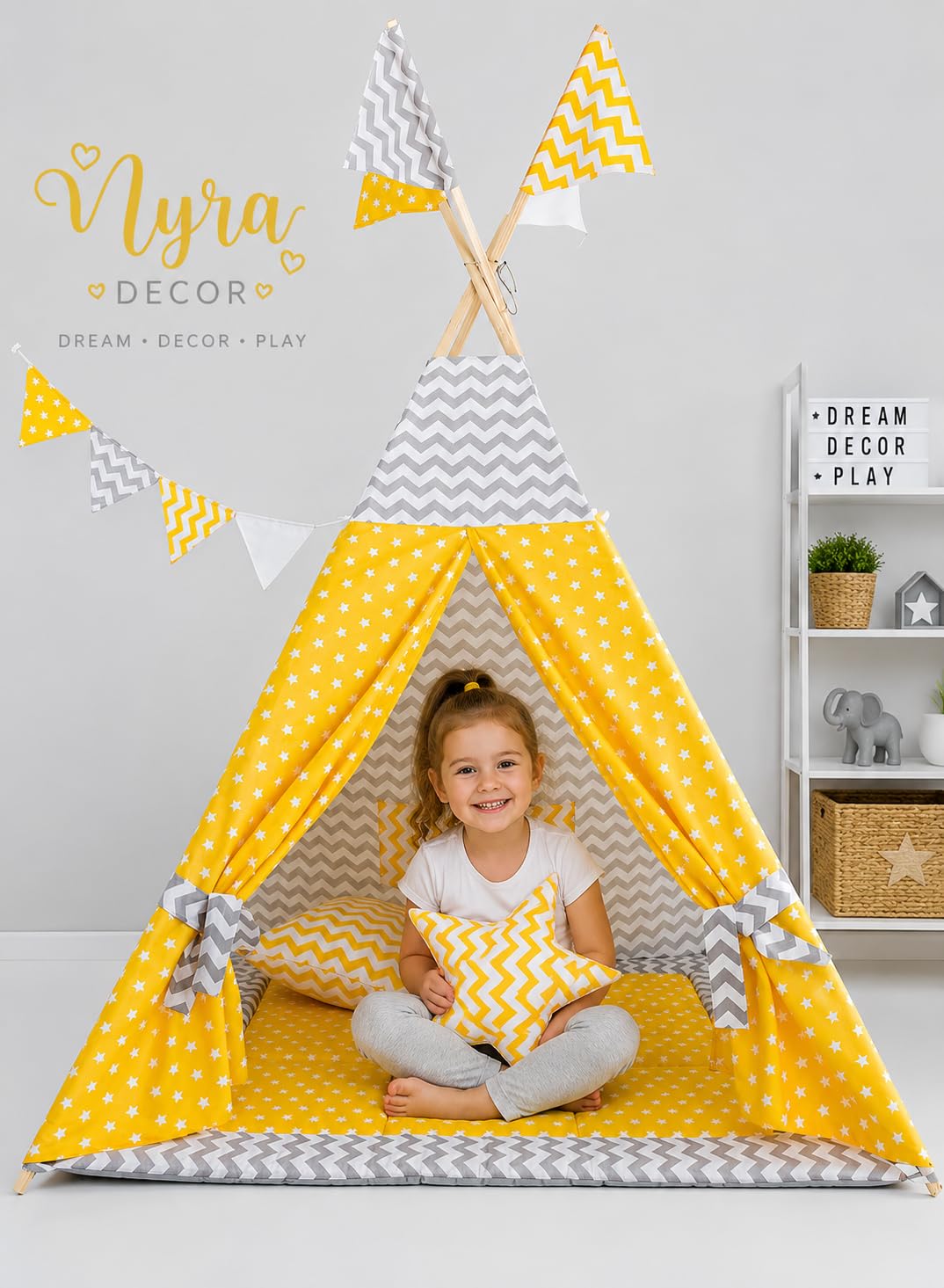 Nyra Decor Portable Teepee Tents with Padded Mat and Cushions Free Kit Bag Grey Chevron Yellow