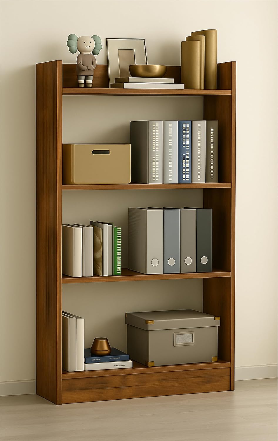 Enigmatic Woodworks Wooden Large Open Bookshelf Multipurpose for Home Rack Showcase Organizer for Living Room I Study Room I 4-Tier I Finish-Suede DIY (Walnut) 61×24 x 91 cm