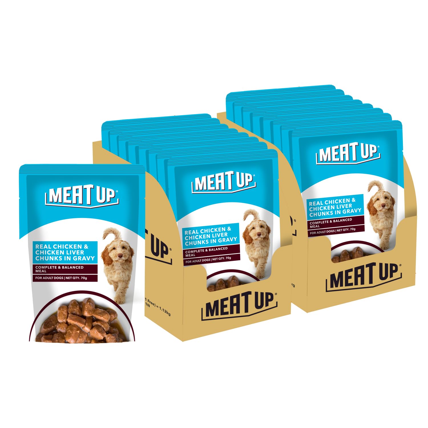 Meat Up Adult Wet Dog Food (8 x 70g) 560g + 560g (Free) 1120g| Real Chicken in Gravy | Healthy Digestion | Promotes Health & Vitality | Complete and Balanced Meal
