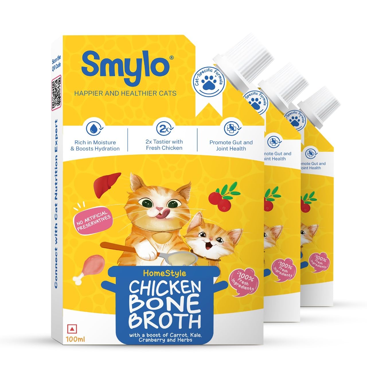 Smylo Summer Cooler, Hydration Rich Chicken Bone Broth for Cats (100ml x 3 Packs) | Rich in Collagen for Bones & Joints Health | Omega 3 & 6 for Shiny Fur & Coat | Cat Food Topper and Cat Supplements