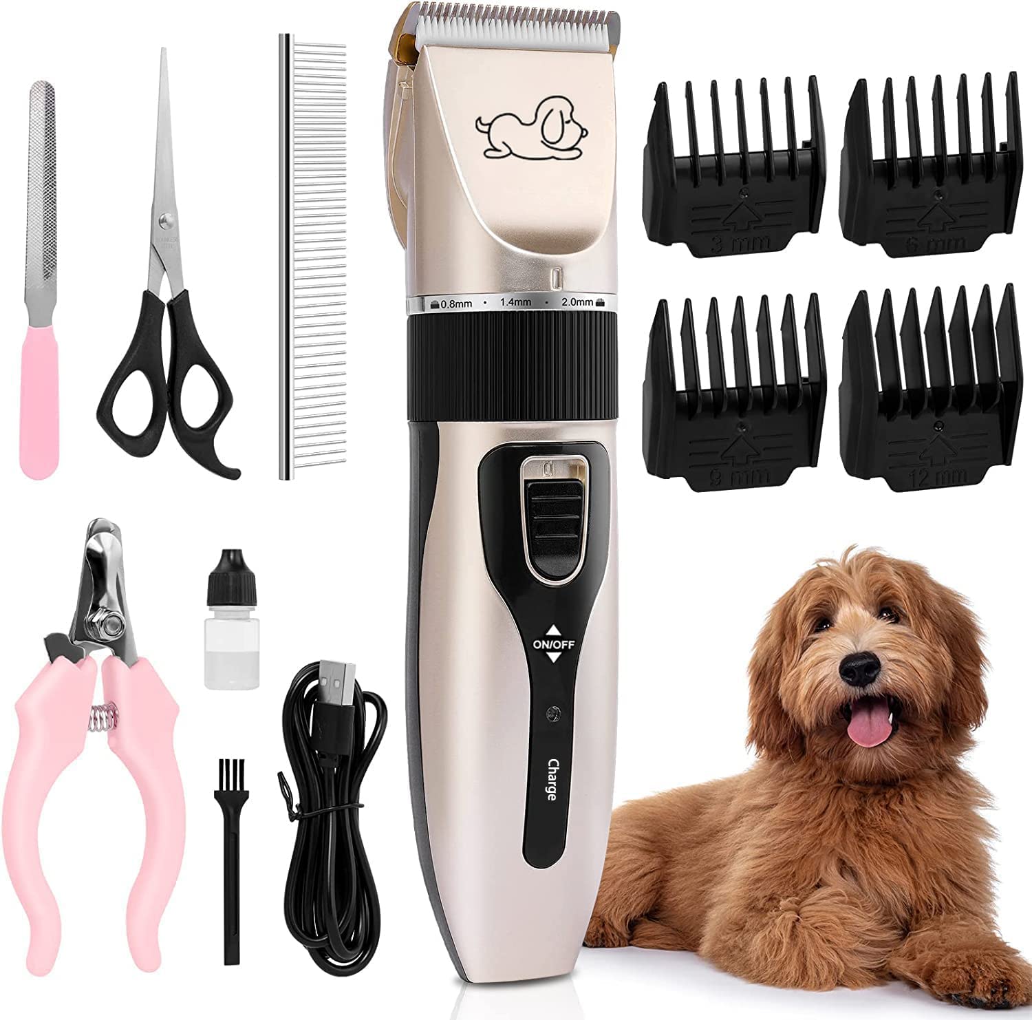 NEWKIBOU Electric Clipper for Dogs and Cats, 4-in-1 Pet Grooming Kit with 4 Combs (3-6-9-12mm), Low Noise, Cordless and Rechargeable, 120 Min Runtime, Titanium Ceramic Blade | LCD Display, 5 Fine Settings, Cordless or Wired Use, Ceramic Blade, USB and Grooming Accessories