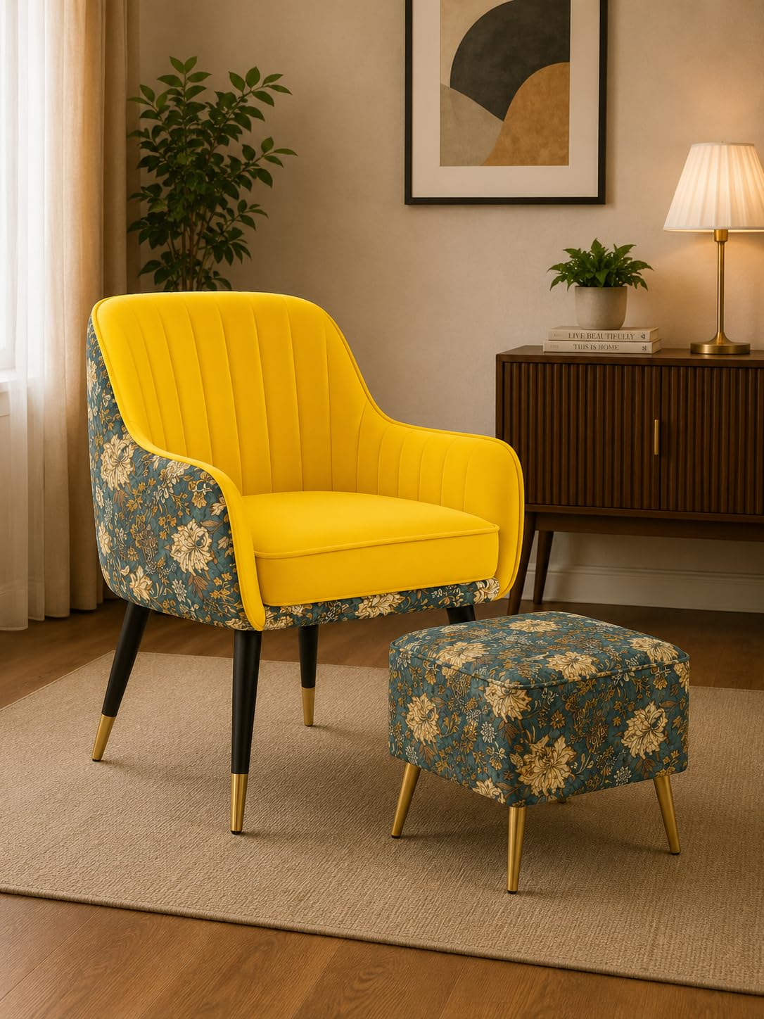 Velvet Accent Chair with Pouffe & Floral Cushion | Modern Upholstered Armchair with Gold Metal Legs | Comfortable Lounge Chair for Living Room, Bedroom, Office (Yellow)