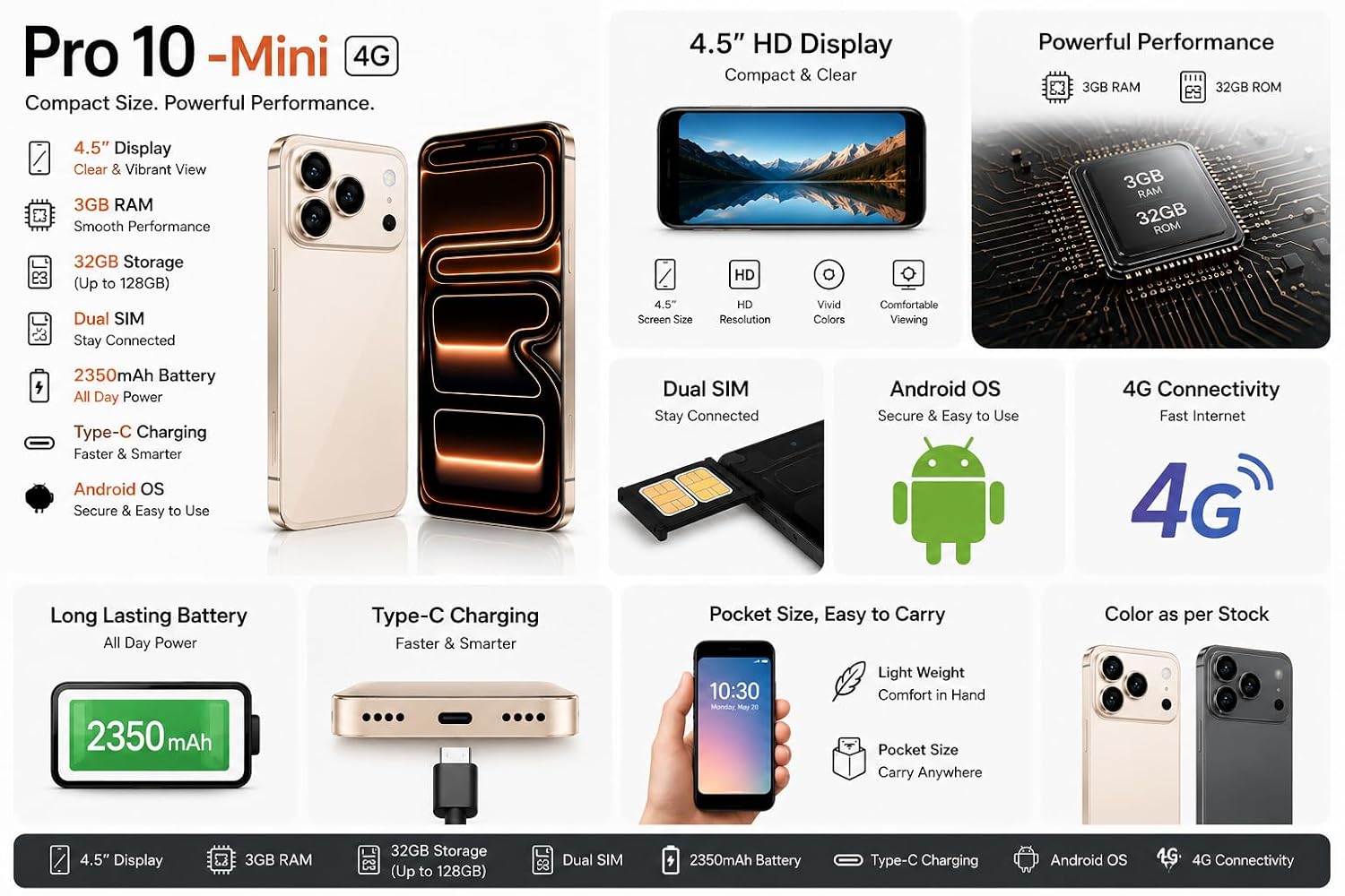 Pro 10 -17 + 4G Smartphone 4.5″ Display | 3GB RAM 32GB Storage (Up to 128GB) | Dual SIM | 2350mAh Battery | Type-C Charging | Android Phone for Travel, Kids & Backup Use | Color as per Stock
