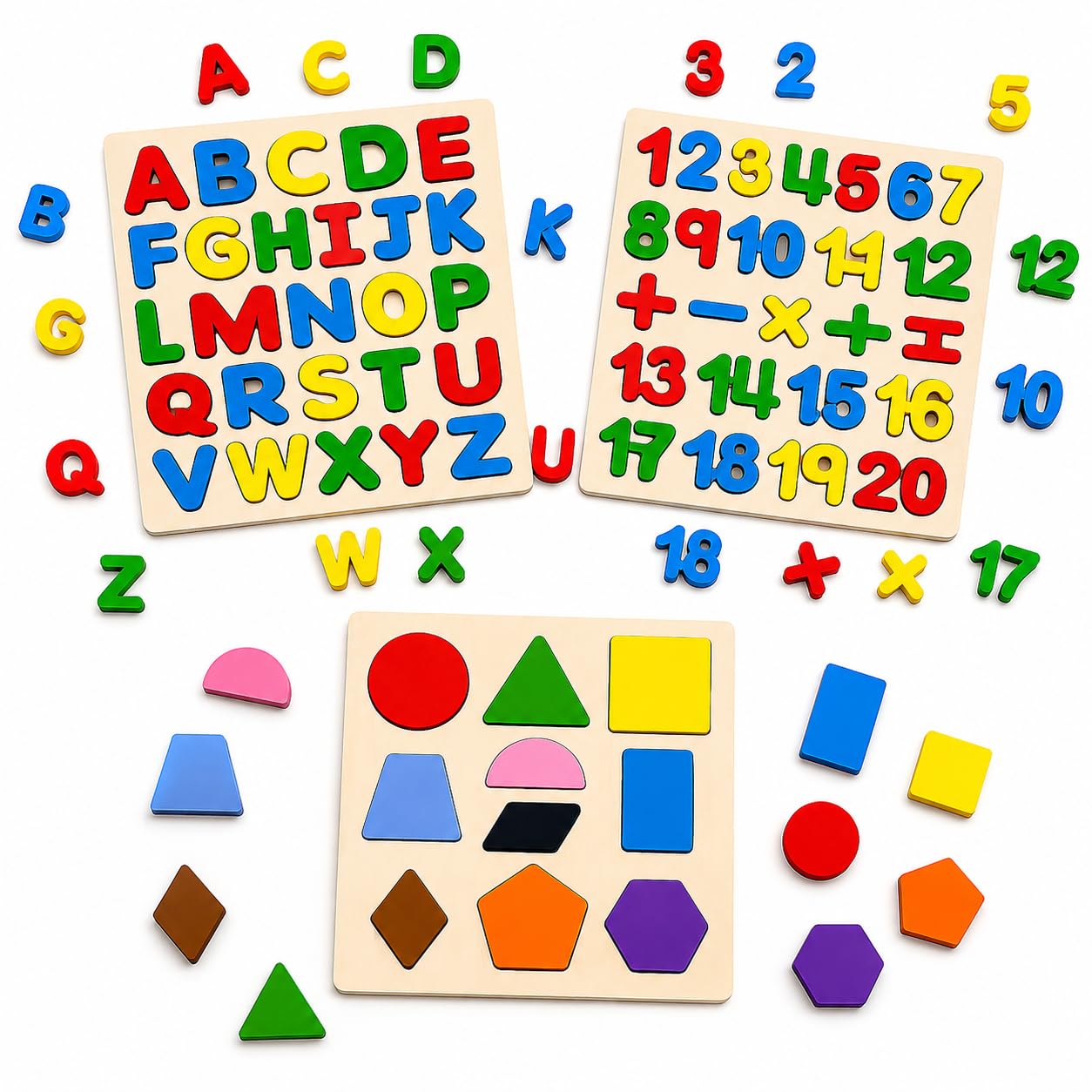 Tantrums Wooden Kids Toys for 2-5 Years Boy and Girl – (Set of 3) | Alphabet, Number & Shape Learning Boards | Montessori Preschool, ABCD Toys for Kids, Educational Puzzle